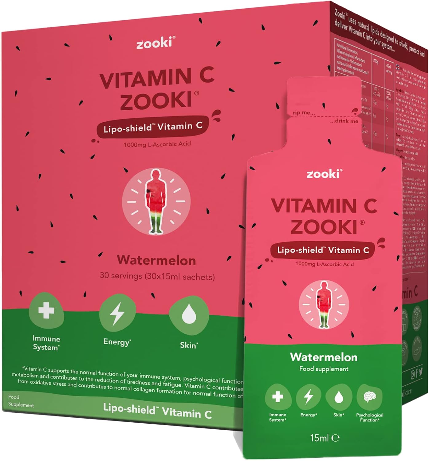 Zooki Liposomal Vitamin C 1000mg Liquid – 4X Higher Absorption – Great Taste, Sugar Free, Vegan – Alternative to High Strength Vitamin C Tablets – Immune System – Energy (Watermelon, 30 Servings)