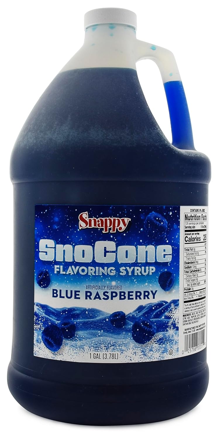 Snappy Blue Raspberry Sno Cone Syrup, 1 Gallon (128 ounces) Size, Ready to Use For Snow Cone Machines, Flavored Syrup for Shaved Ice, 14 Flavor Options