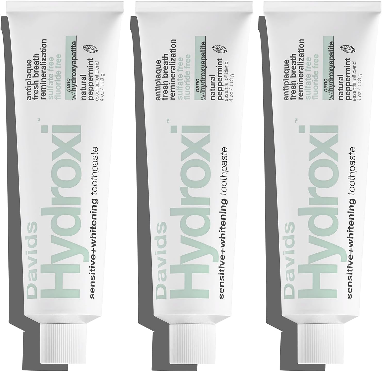Davids Hydroxi Fluoride Free Nano Hydroxyapatite Toothpaste for Remineralizing, Sensitive Support, Whitening, Antiplaque, SLS Free, Natural Peppermint, 4oz, Made in USA (3 Pack)
