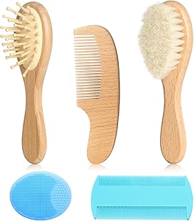 Wooden Natural Goat Bristle Brush and Cradle Cap Comb Set - 5 in 1 Baby Grooming Kit for Newborns, Toddlers, Boys, and Girls (Blue)