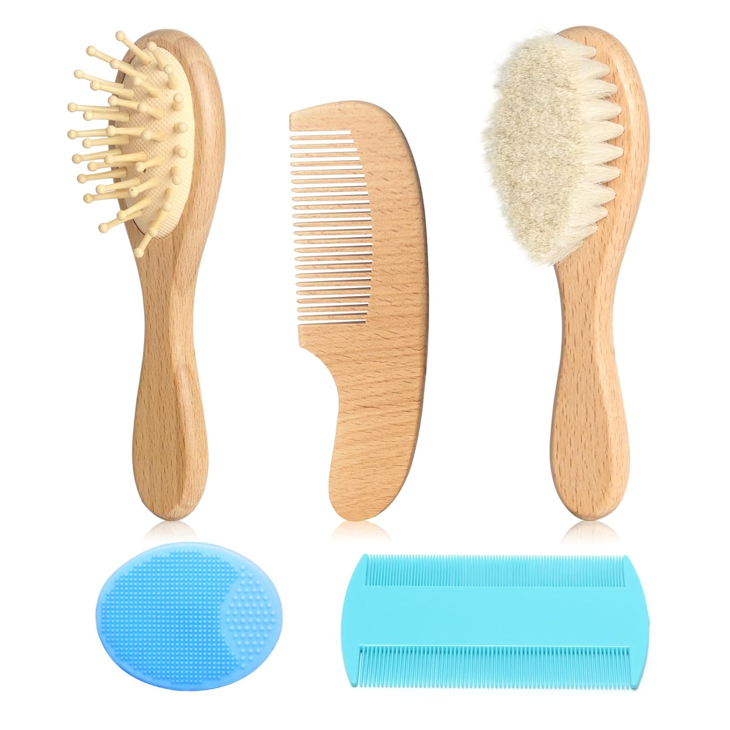 Wooden Natural Goat Bristle Brush and Cradle Cap Comb Set - 5 in 1 Baby Grooming Kit for Newborns, Toddlers, Boys, and Girls (Blue)