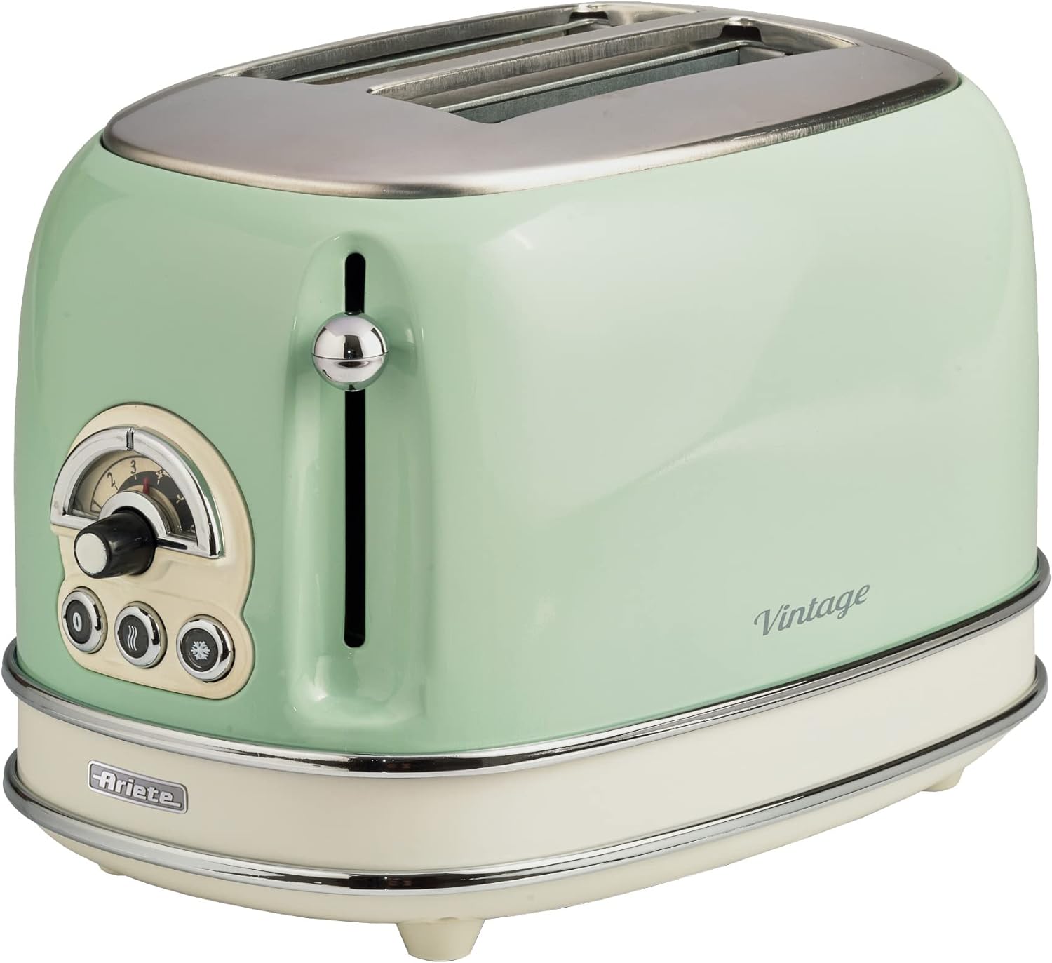 Ariete 0155/14 Retro Style 2 Slice Toaster, 6 Browning Levels and Removable Crumb Tray, 3 Functions Including Cancel, Defrost and Reheat, Non-Slip Feet, Vintage Design, Green