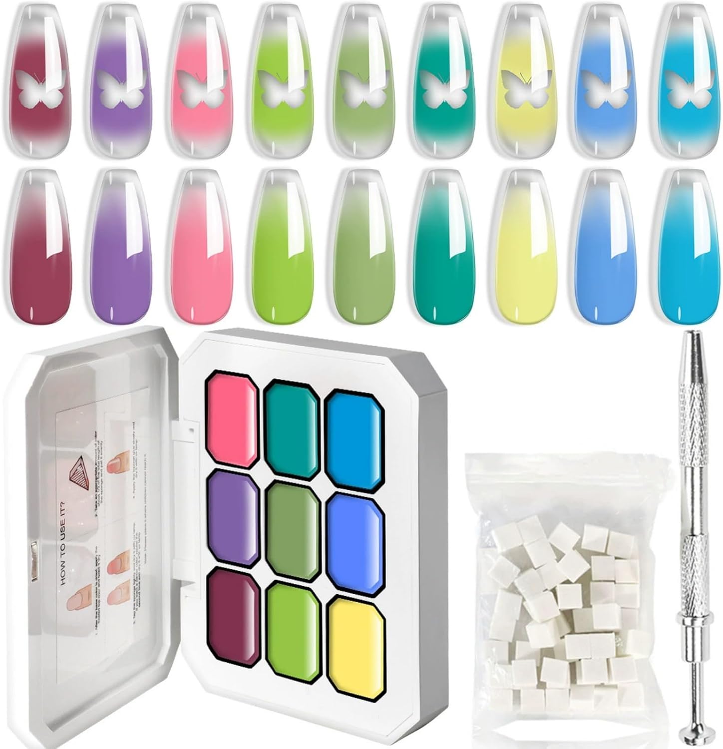 Gradient Painting Gel, 9 Colors Ombre Gel Nail Polish with Sponge & Clips, Pink, Purple, Green, Yellow, Blue Gel Nail Polish Set for DIY, Stamping, Embossing & Blending Soak-Off UV/LED Nail Art