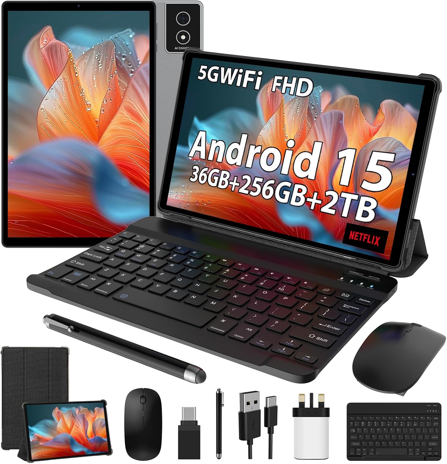 FLYCOAY Tablet 10.4 inch Android 15 Tablets Octa-Core 36GB RAM +256GB ROM/2TB, INCELL Screen Tablet with Keyboard and Mouse|WALN|8000mAH|Widevine L1+|Bluetooth 5.0|8MP+13MP|GPS|-Gray