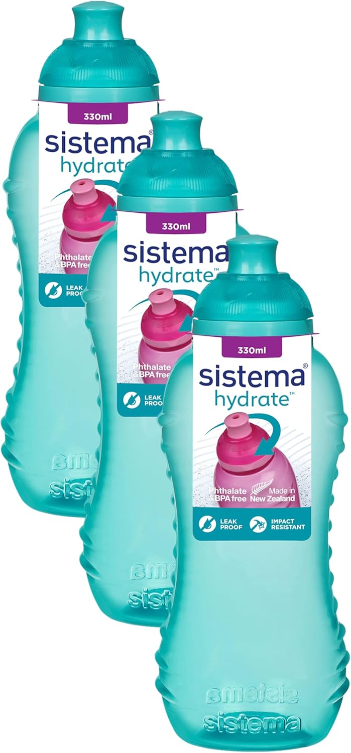 Sistema Twist 'n' Sip Squeeze Kids Water Bottle For School | Leakproof Plastic Water Bottle | 330 ml | BPA-Free | Assorted Colours (Pack of 3)