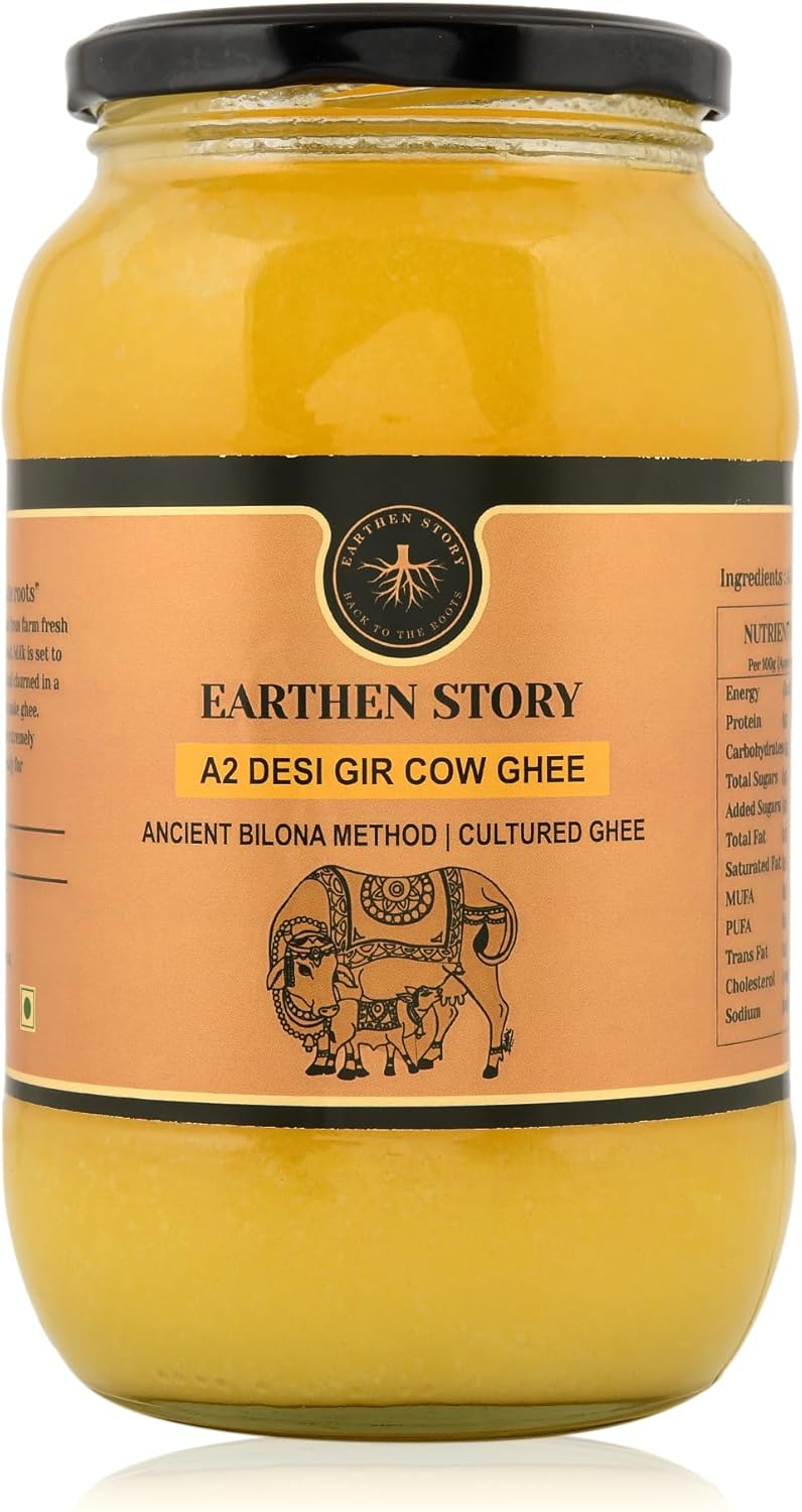 Earthen Story A2 Ghee from Gir Cow 1 Litre | A2 cow ghee bilona method from curd | 100% Pure, Natural & Healthy | A2 gir cow ghee in Glass Jar | Lab Tested