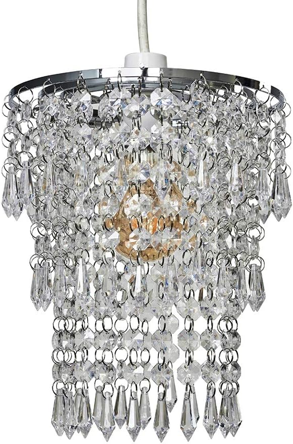 MiniSun | Modern Chrome Chandelier with Clear Acrylic Jewel Droplets | Pendant Lights, Home Décor & Improvement Essential | 200mm Shade Width