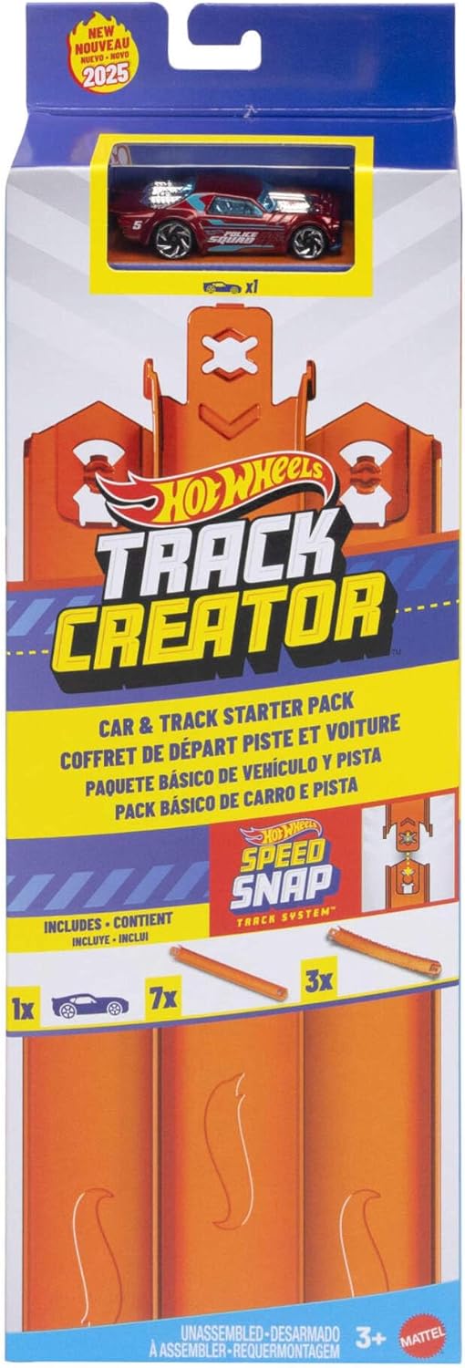 Hot Wheels Toy Car Track Set, Track Creator Starter Pack with 1:64 Scale Die-Cast Vehicle, 10 Feet of Speed Snap Flex & Molded Track with 2 Adapters, JDW43