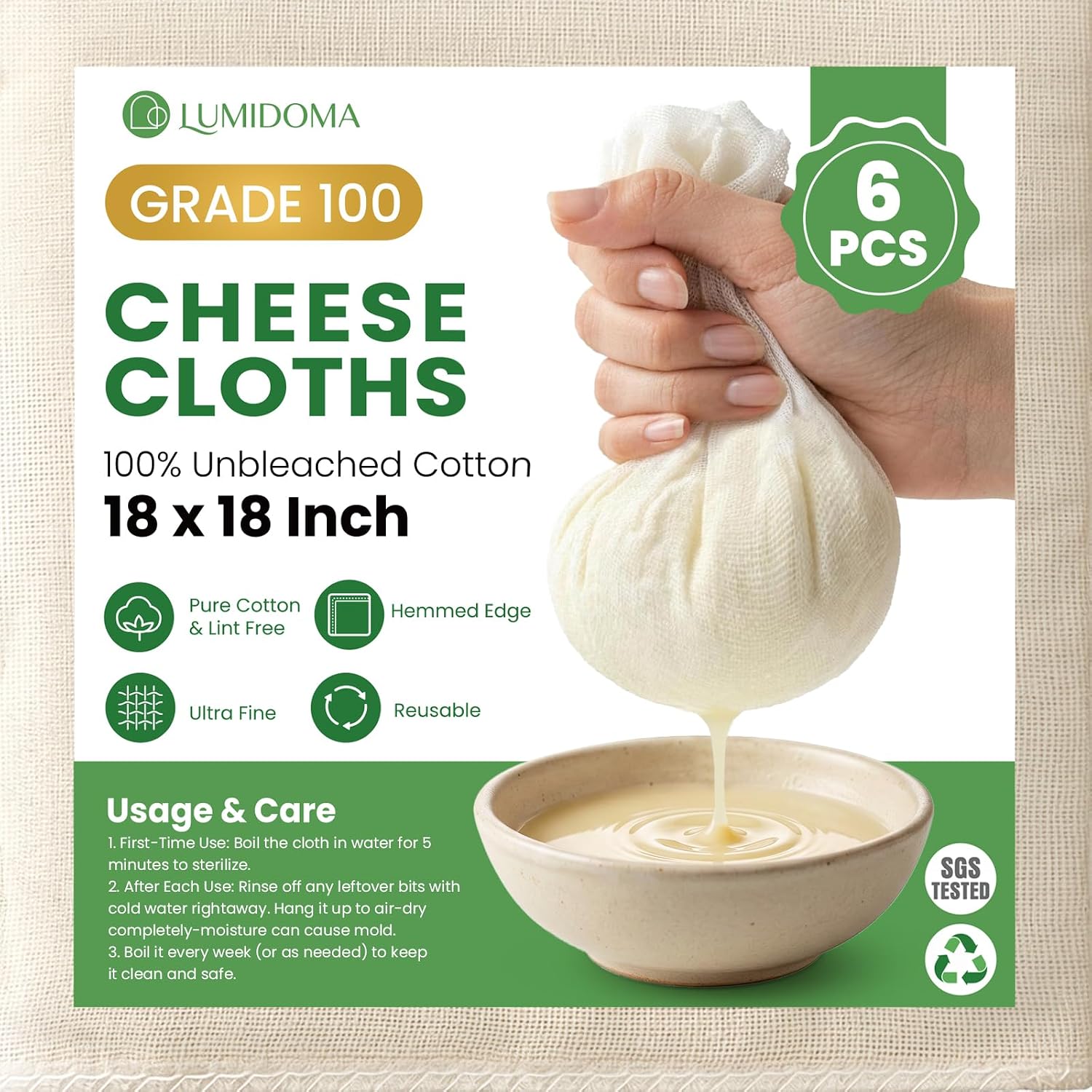 6Pcs Cheese Cloths for Straining 18x18 Inch, Grade 100 Reusable Cheesecloth Bags for Straining With Reinforced Edges, Unbleached Cotton Muslin Fabric Strainer for Baking, Juicing, Milk, Cheese, Crafts