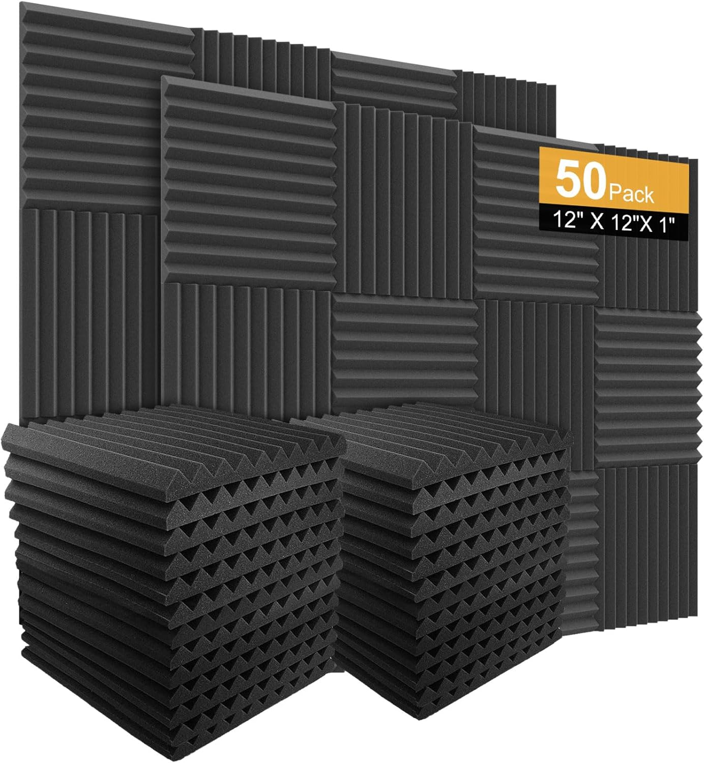 50 Pack Acoustic Panels Soundproof Studio Foam for Walls Sound Absorbing Panels Sound Insulation Wedge for Studio, 1" X 12" X 12" (Black)