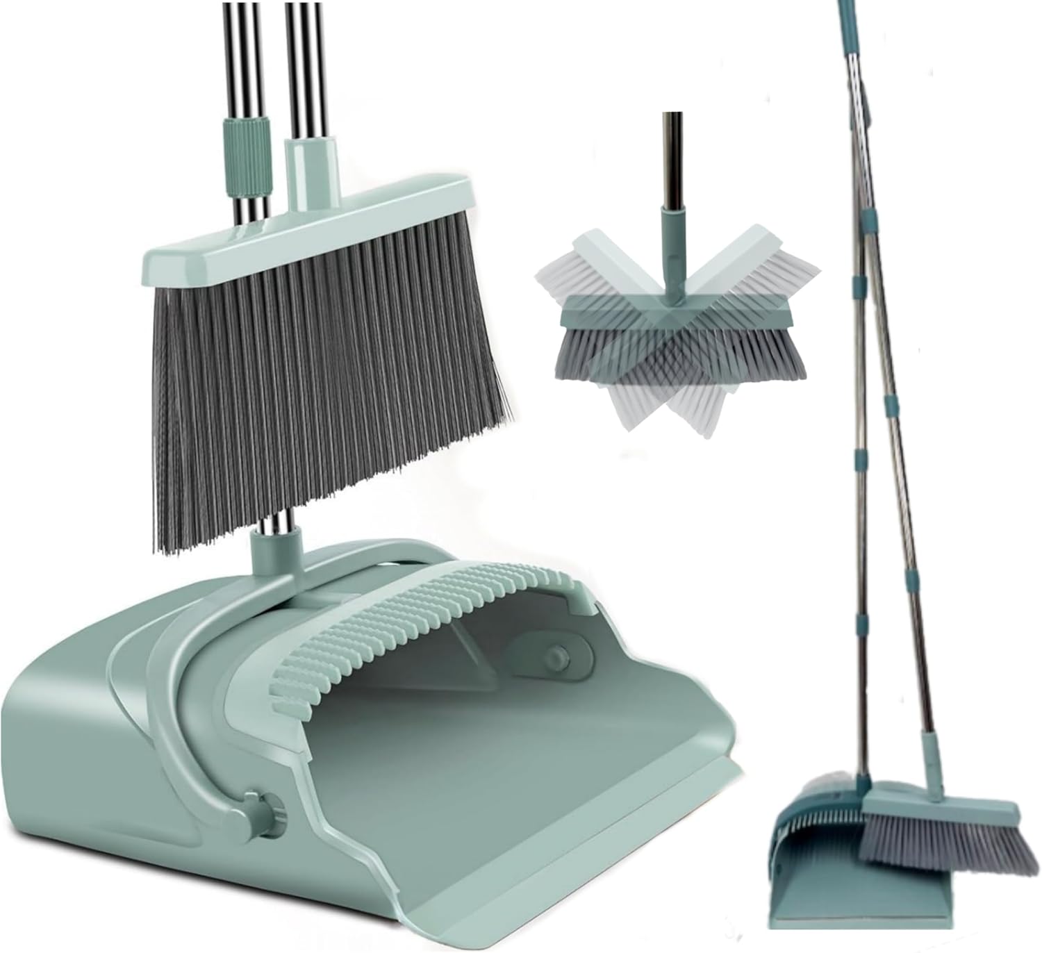 SWISSPACK Broom and Dustpan Set for Home, Dust pan with Long Handle, Broom with Dustpan Combo Set, for Home Kitchen Room Office Lobby Floor Use Upright Stand Up Sweeping (Green)