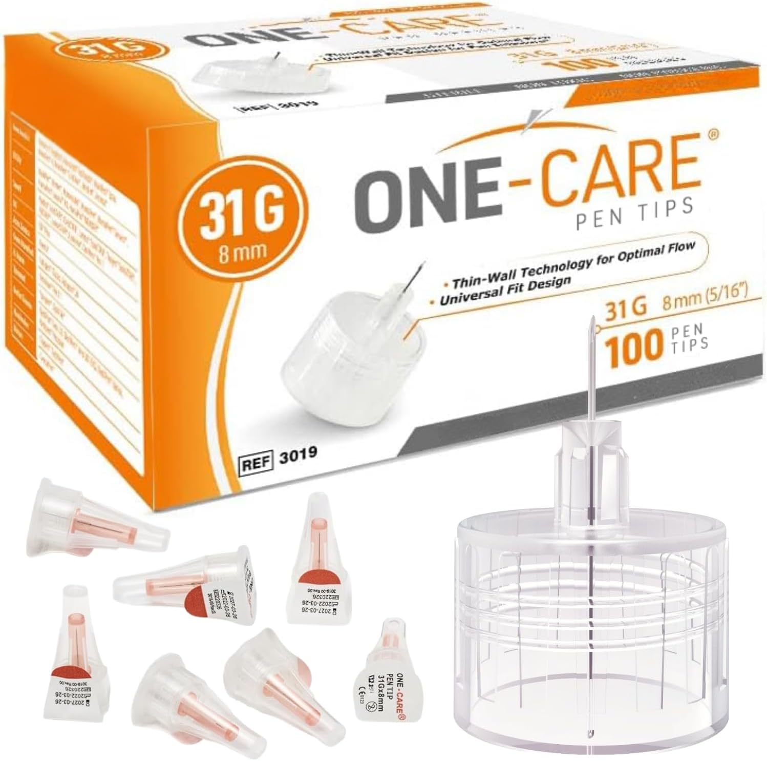 ONE-CARE Pen Tips 31G x 8mm, (5/16") Extra-Thin Wall Technology, 100 box | Standard Compatibility, Consistent Performance, Compact Design, Individually Sealed, Thin-Wall Tech, Optimal Flow, Comfort