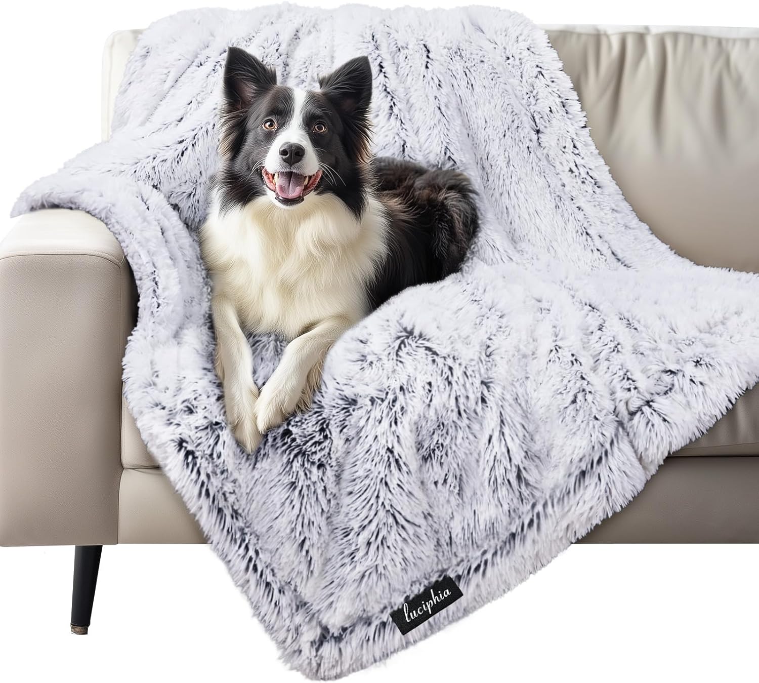Luciphia Large Waterproof Dog Blanket Pet Washable Liquid Proof Furniture Protector Shaggy Plush Calming Long Faux Fur Bed Cover for Couch Cat Blankets Reversible Protection, Mist Grey, 50" x 60"
