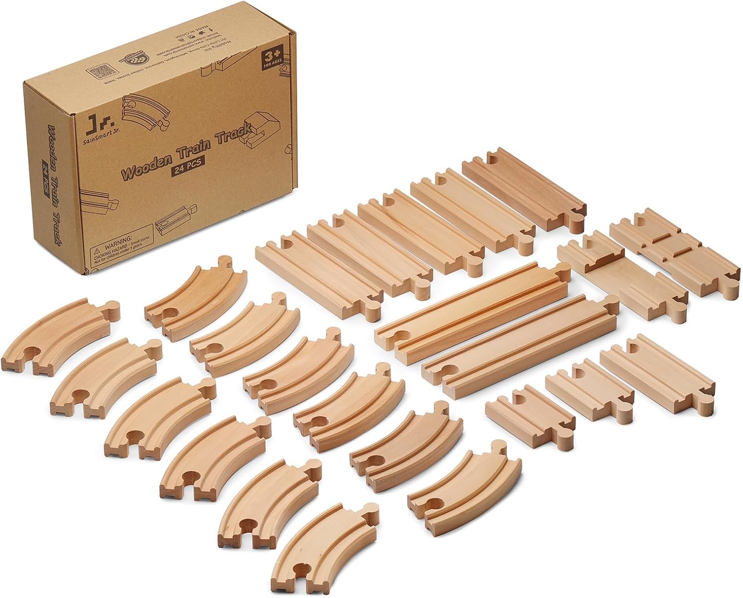 SainSmart Jr. Wooden Train Track 24pcs, Track Expansion Compatible with All Major Brands Toddler Railway Toy Train Set Boys Train Set 3+