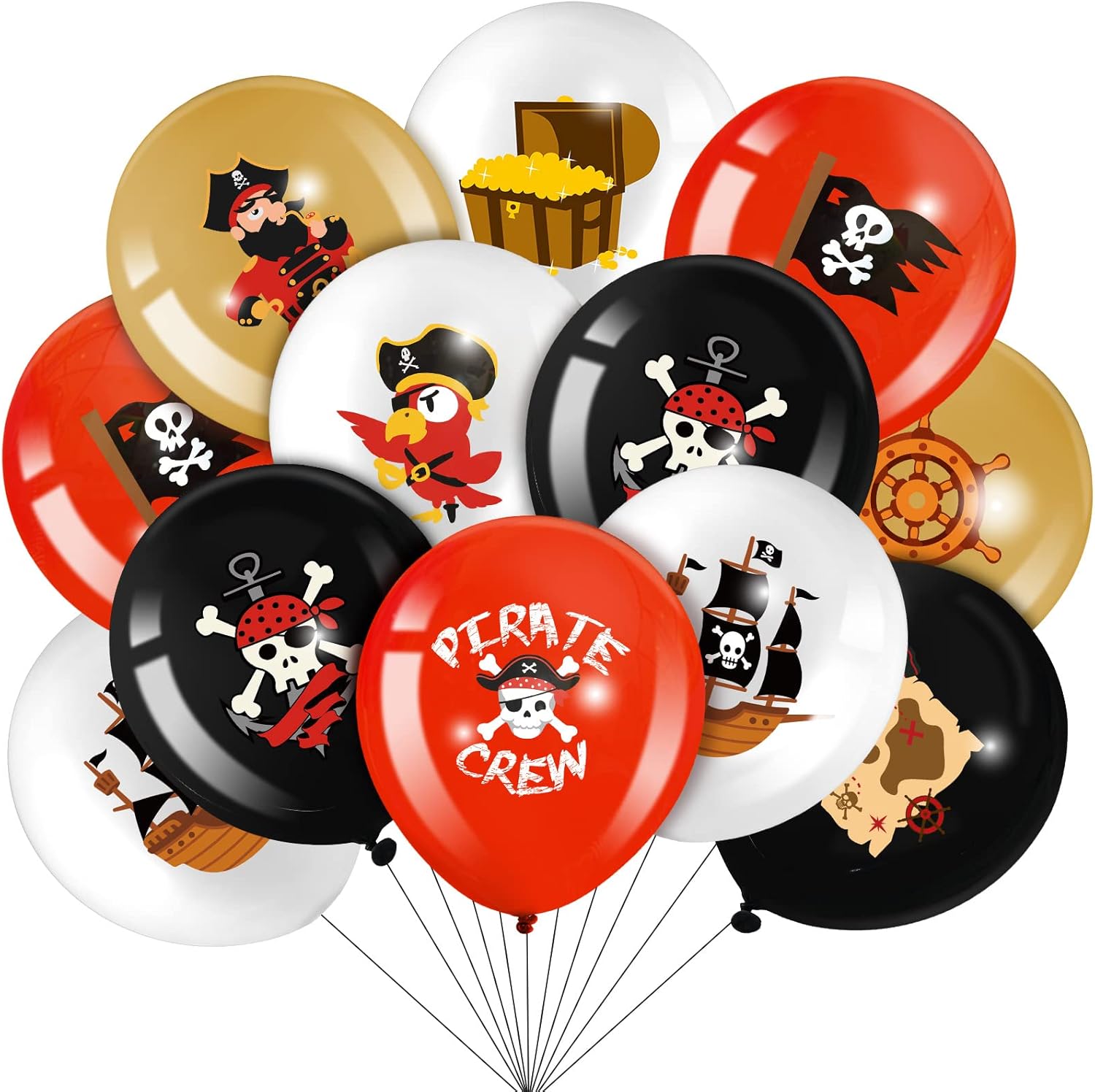 Harrycle 45 Pcs Pirate Party Balloons Red Black White Latex Balloons Set Round Caribbean Gold Skull Pirate Ship Sea Sailing Decoration for Birthday Party Halloween Supplies