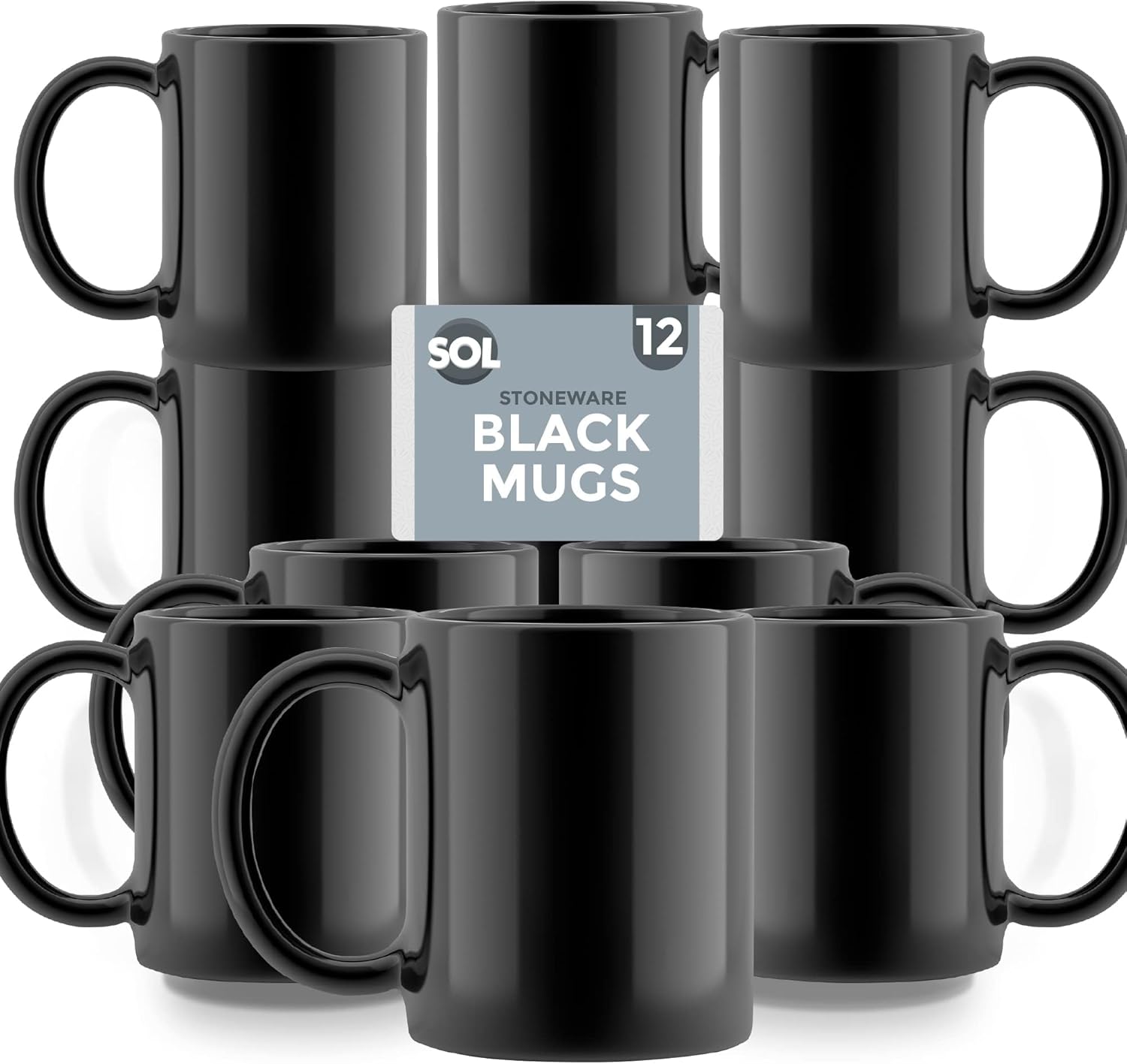 SOL [12 Pack Stoneware Black Mugs - Ceramic Mug Set 320ml - Lead & Cadmium Free Ideal for Offices, Kitchens, Cafes, Catering, Restaurants - Tea, Coffee, Durable