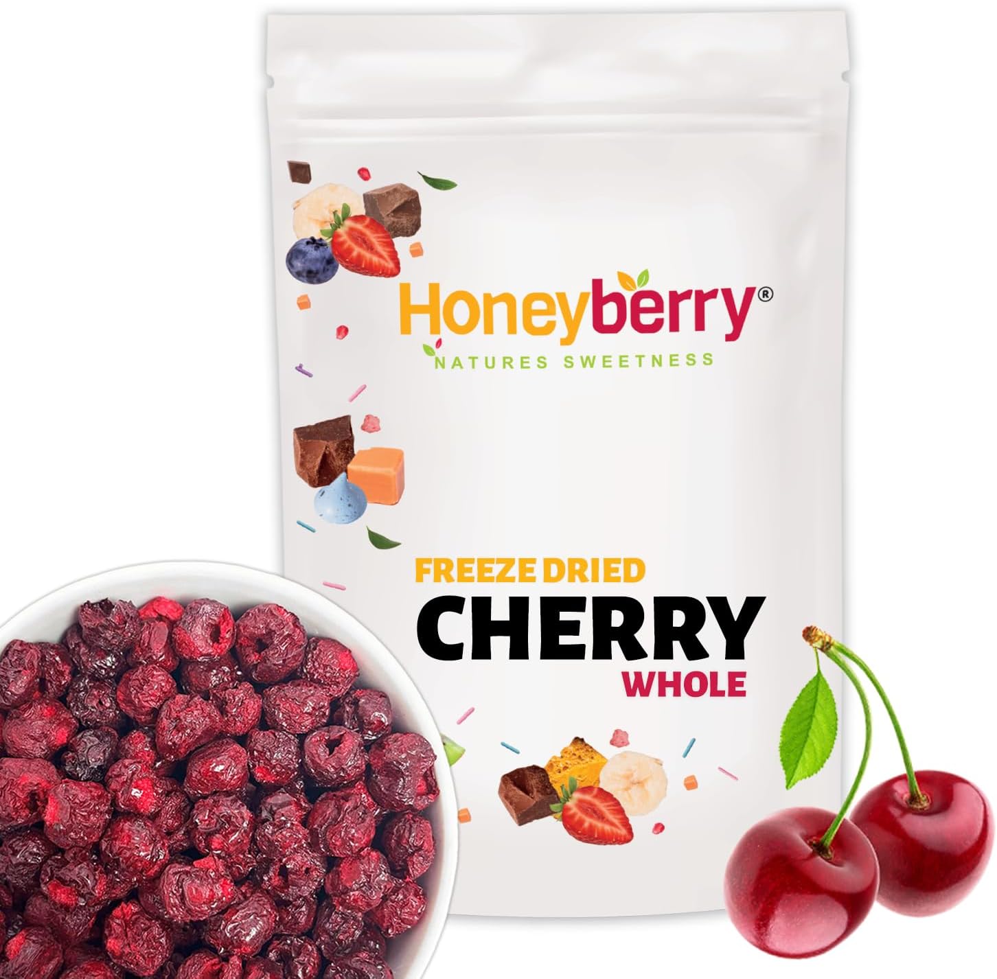 Freeze Dried Whole Sour Cherries 100g - 100% Pure and Natural Freeze Dried Fruit - Dehydrated Tart Cherries Perfect for Baking, Snacking, Cake Decorating and Desserts, Cocktail Garnish for Drinks