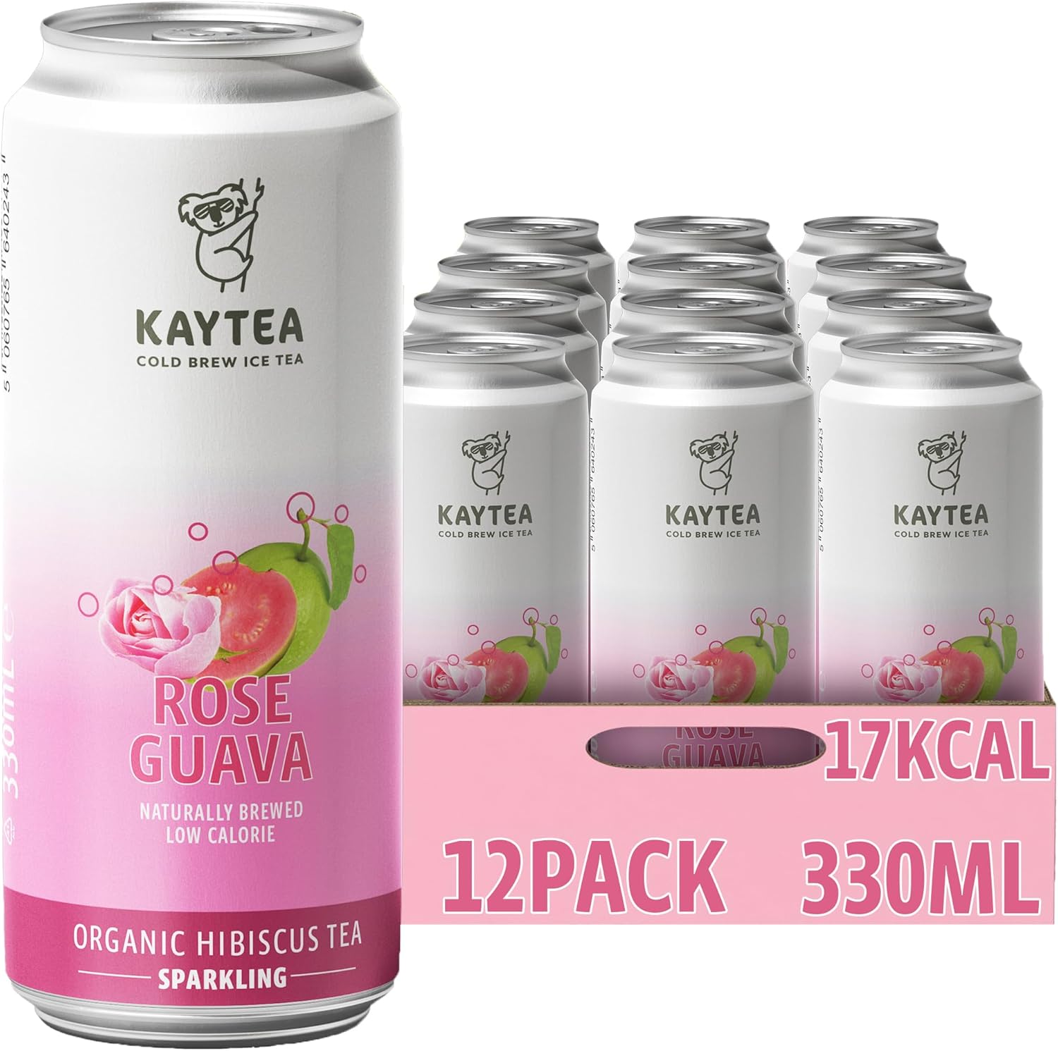 KAYTEA Sparkling Rosay Ice Tea (Pack of 12 x 330 mL) - Herbal Infusion - Pink Guava Flavour - Cold Brewed - Organic Certified & Natural Ingredients - Caffeine & Alcohol Free