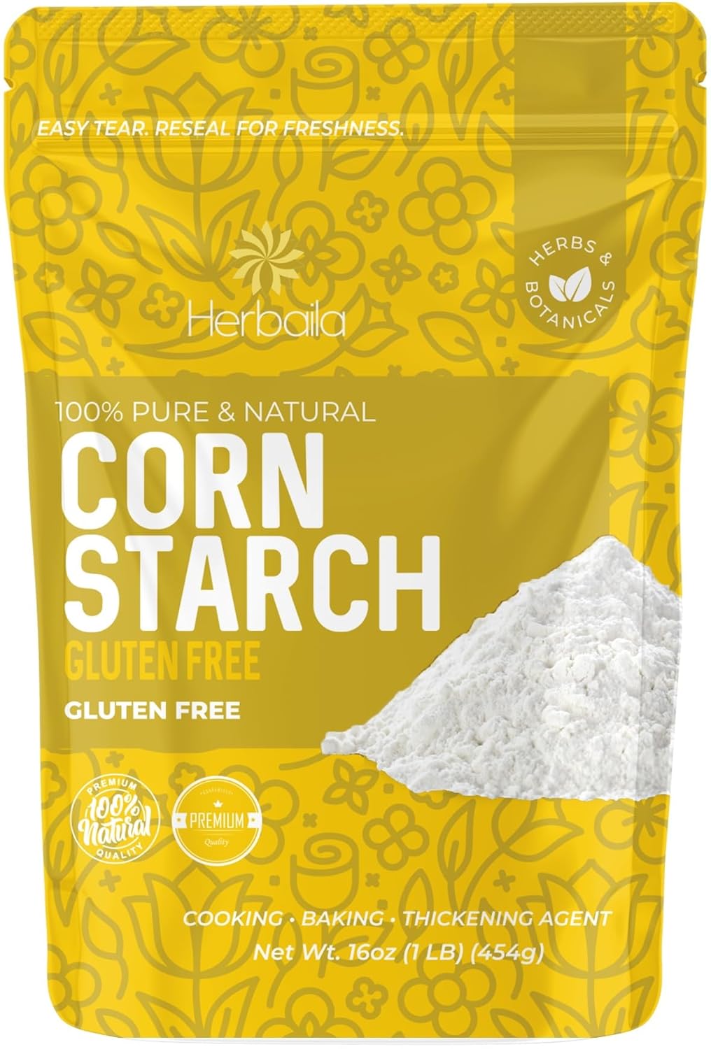 Herbaila Corn Starch Powder, 16 oz, Thickener for Sauces, Gravy, Soup, 100% Pure Cornstarch, Gluten-free, non-GMO, Vegan, Bulk Resealable Bag