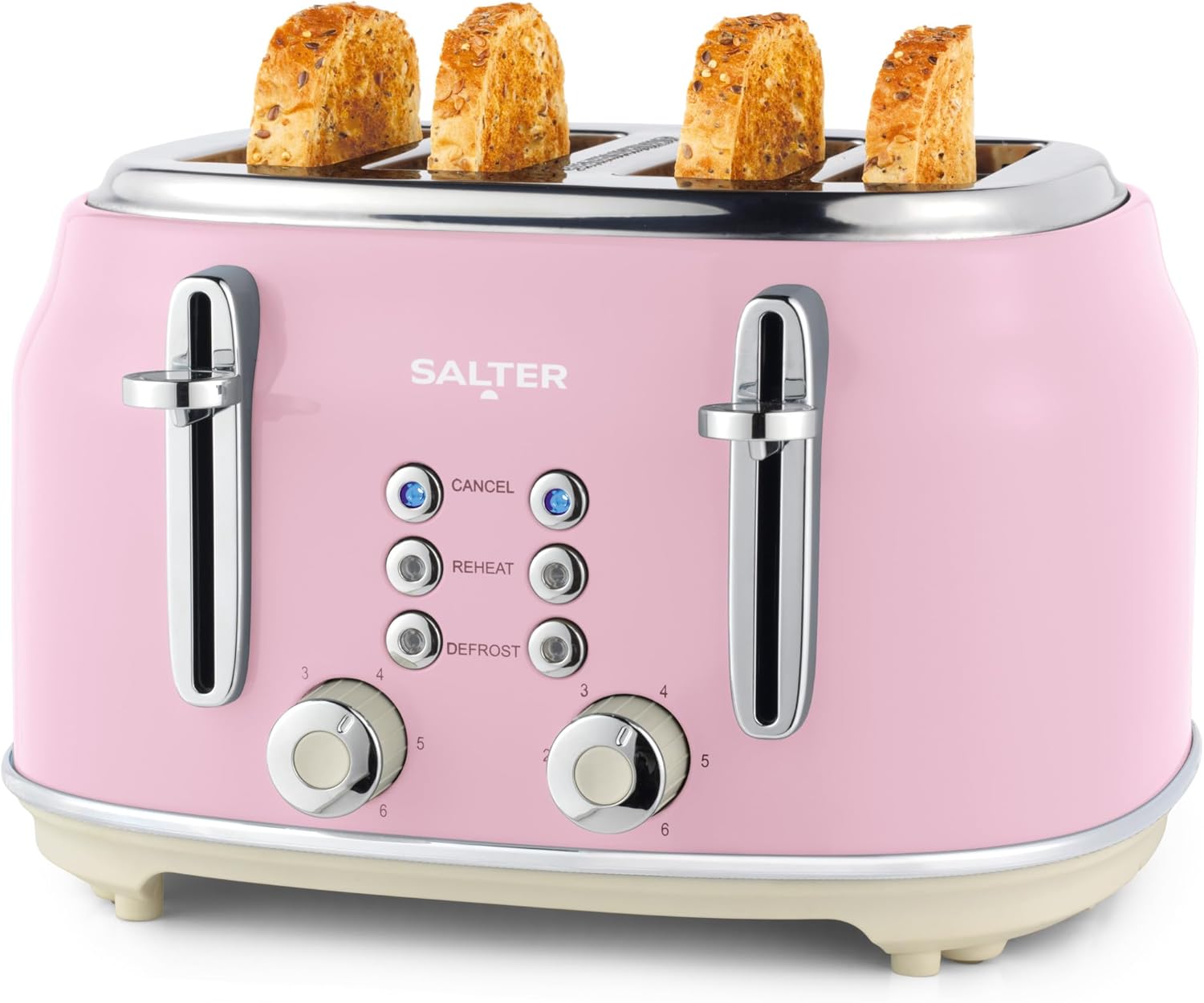Salter Retro Pink 4-Slice Toaster – Wide Slots, 6 Browning Levels, Defrost, Reheat, Cancel Functions, Removable Crumb Tray, Extra Thick Bread, High-Lift Eject, Self-Centring, Vintage Design, 1630W