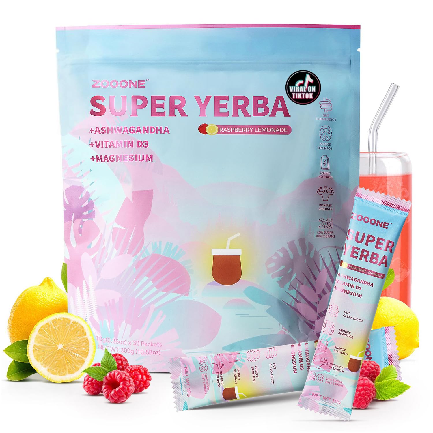 ZOOONE Super Yerba Mate Instant Powder Packets- Raspberry Lemonade Flavor | 30 Servings Clean Energy & Focus Boost | Gut Support, Antioxidants