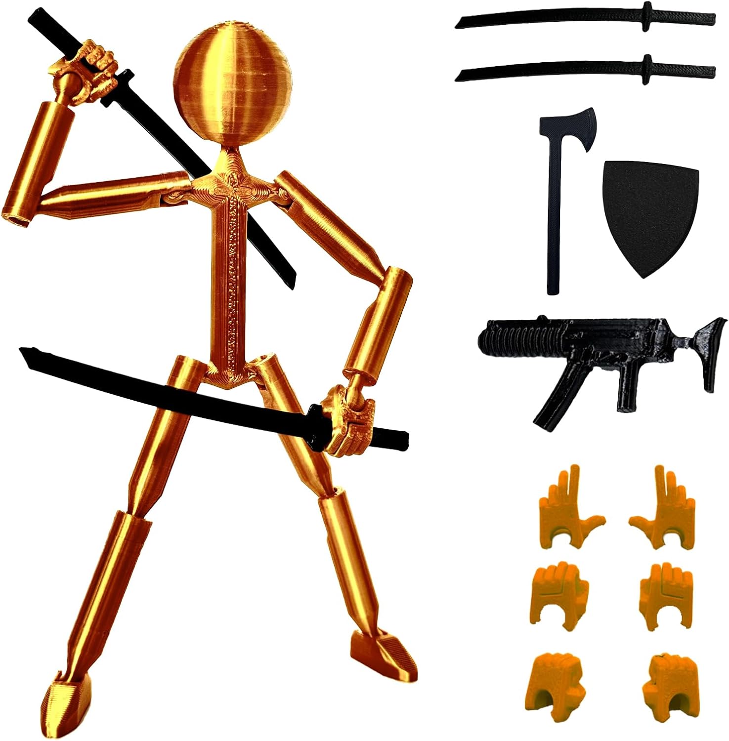 3D Printed 5.67-inch Matchstick Figure, Full Body Mechanical Movable Toy with 5 Weapons and 3 Hand Shapes, Desk Decoration.