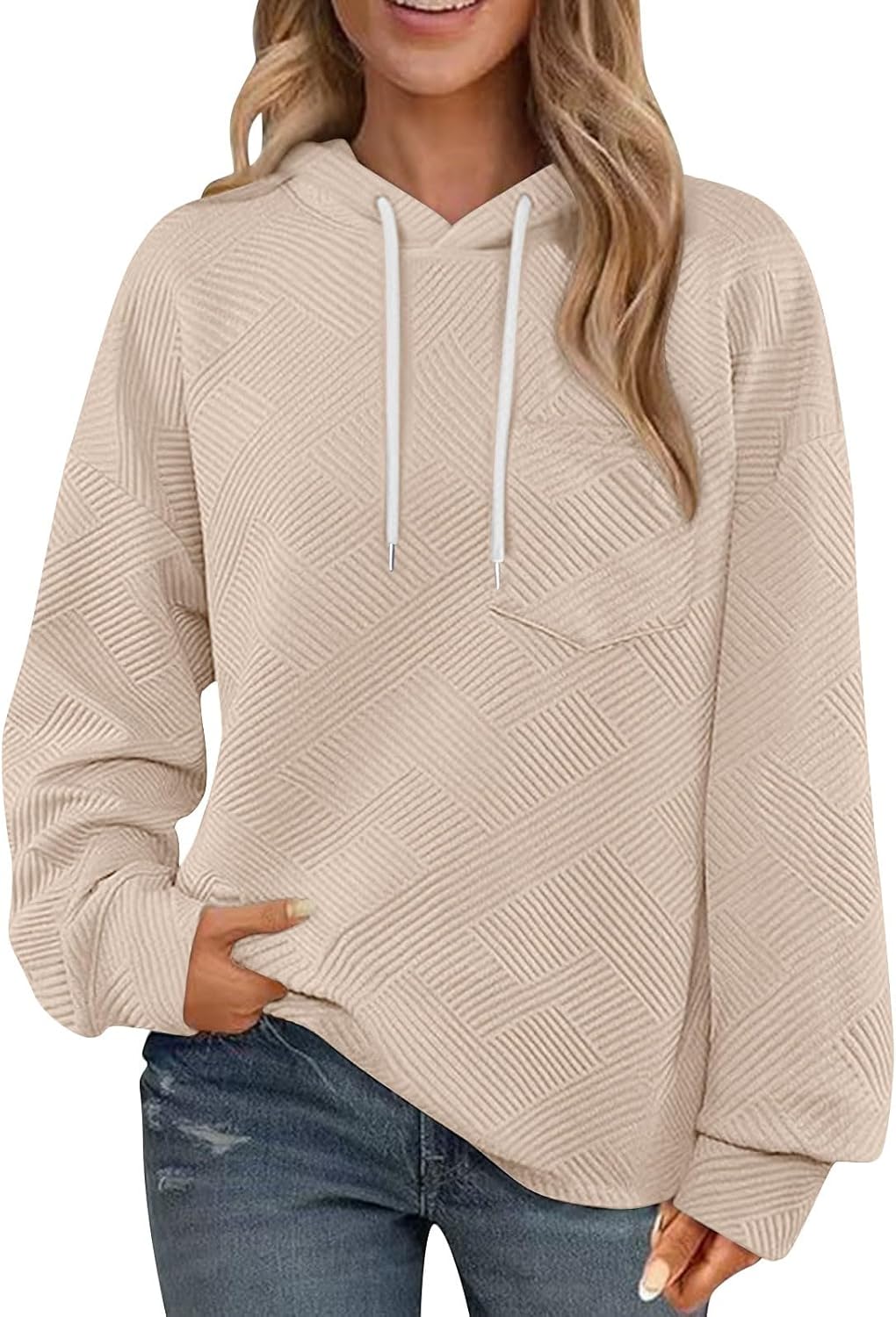 Womens Long Sleeve Pullover Hoodies Drawstring Sweatshirt Fall Textured Pullover Tops Casual Loose Clothes Outfits