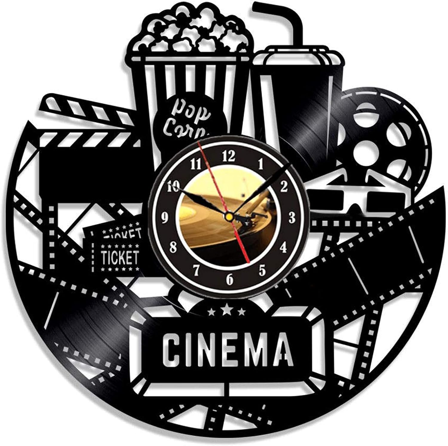 Home Theater Cinema and Popcorn Vinyl Record Wall Clock Movie Film Time Clock Watch Room Wall Home Theater Wall Decor Wall Art Gift for Movie Lover (NO LED)