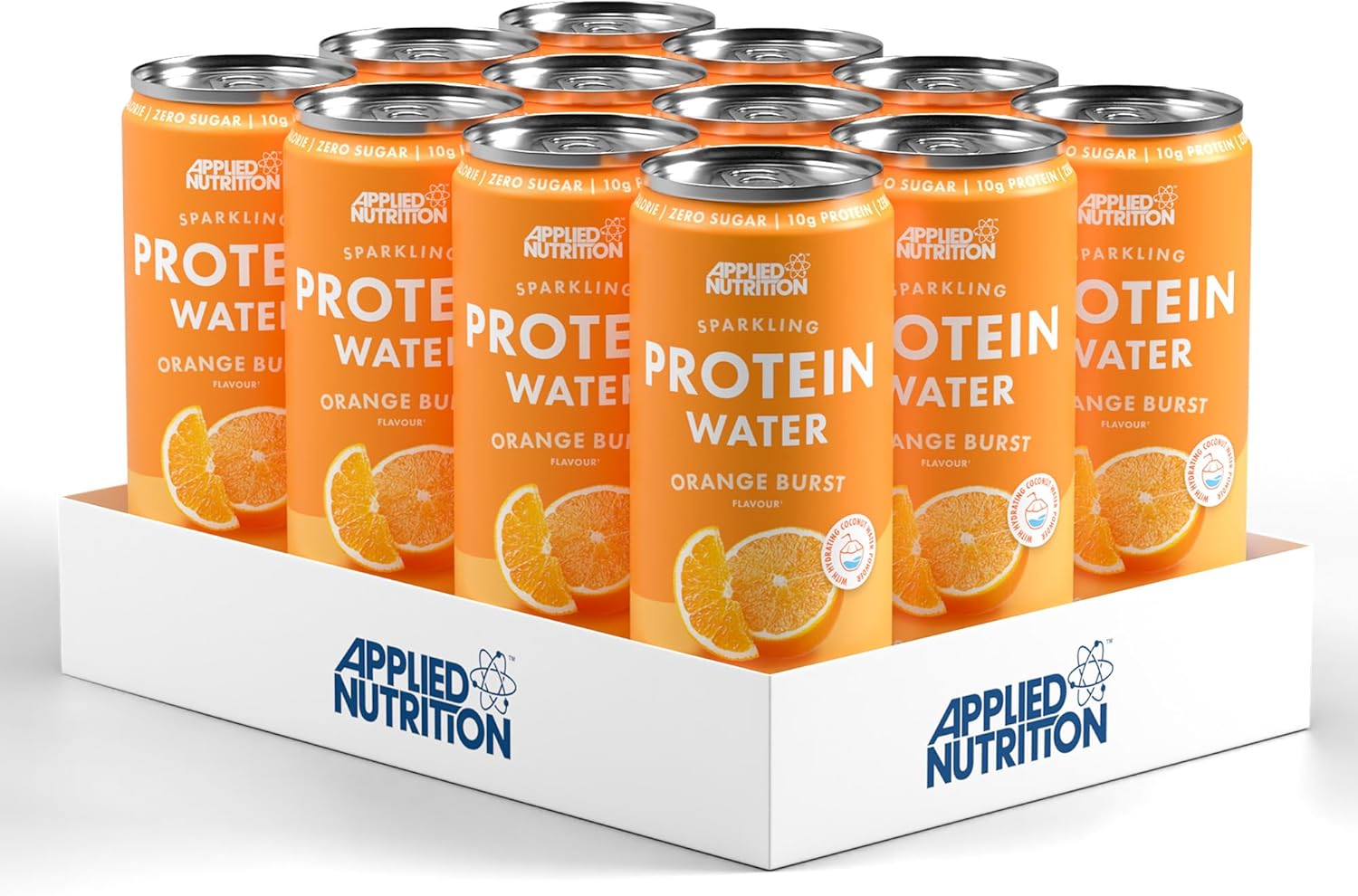Applied Nutrition Sparkling Protein Water - 10g Collagen Boost – Low-Calorie Hydration with Vitamin C and Coconut Water – Refreshing and Wellness Drink (Pack of 12 Cans x 330ml) (Orange Burst)