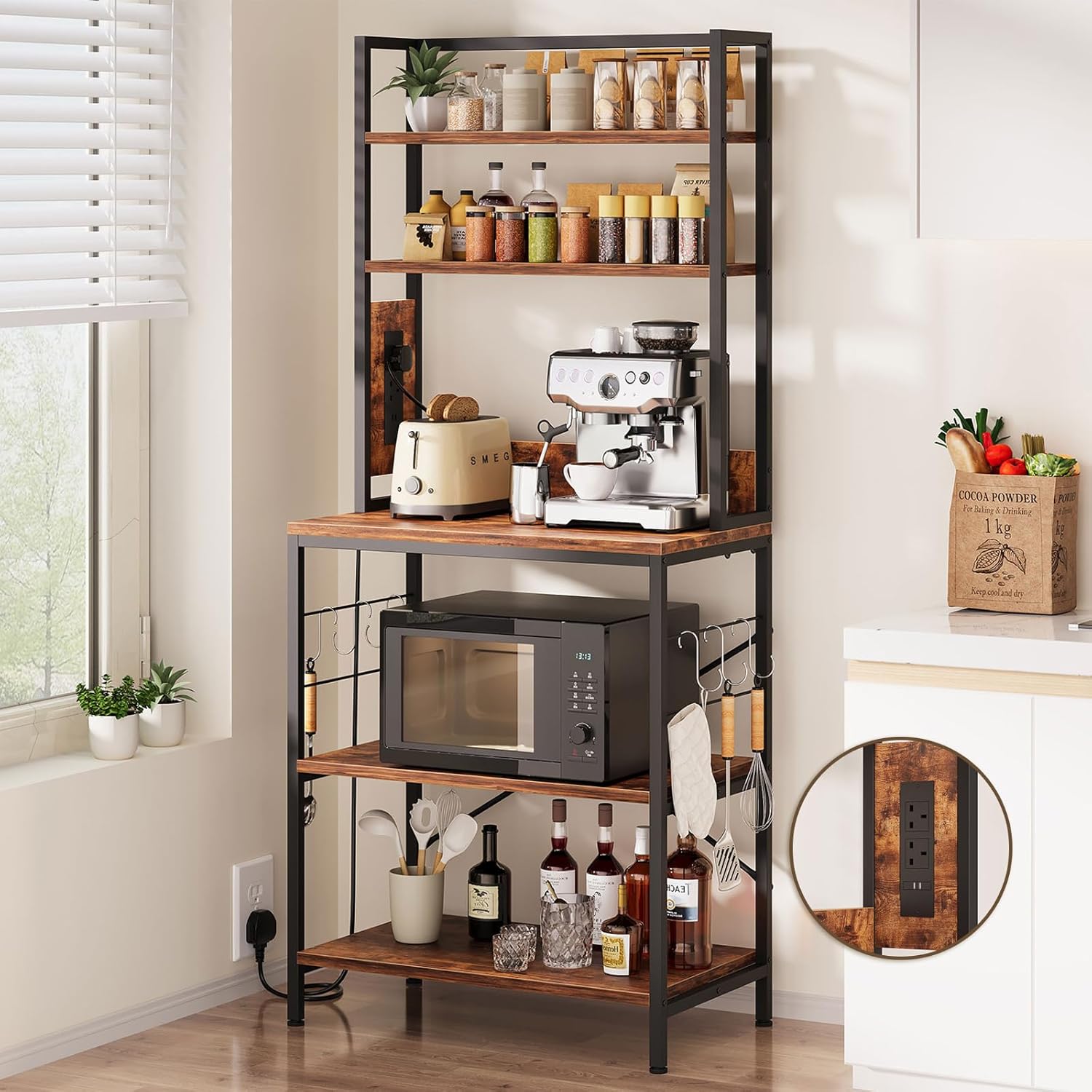 Dripex Bakers Rack with Power Outlet, 5-Tiers Coffee Bar Station Microwave Stand with 6 S Hooks, Industrial Kitchen Storage Shelf Rack for Spices, Pots and Pans