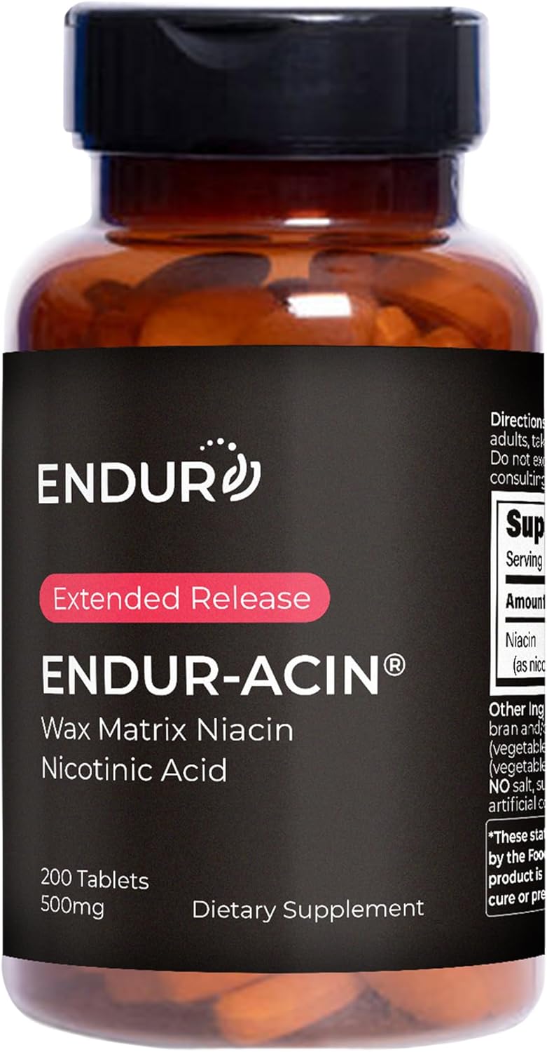 ENDUR-ACIN, Extended Release Niacin for Optimal Absorption & Low-Flush Vitamin B3 Niacin 500mg, Premium Niacin Supplement Made in USA, 200 Tablets