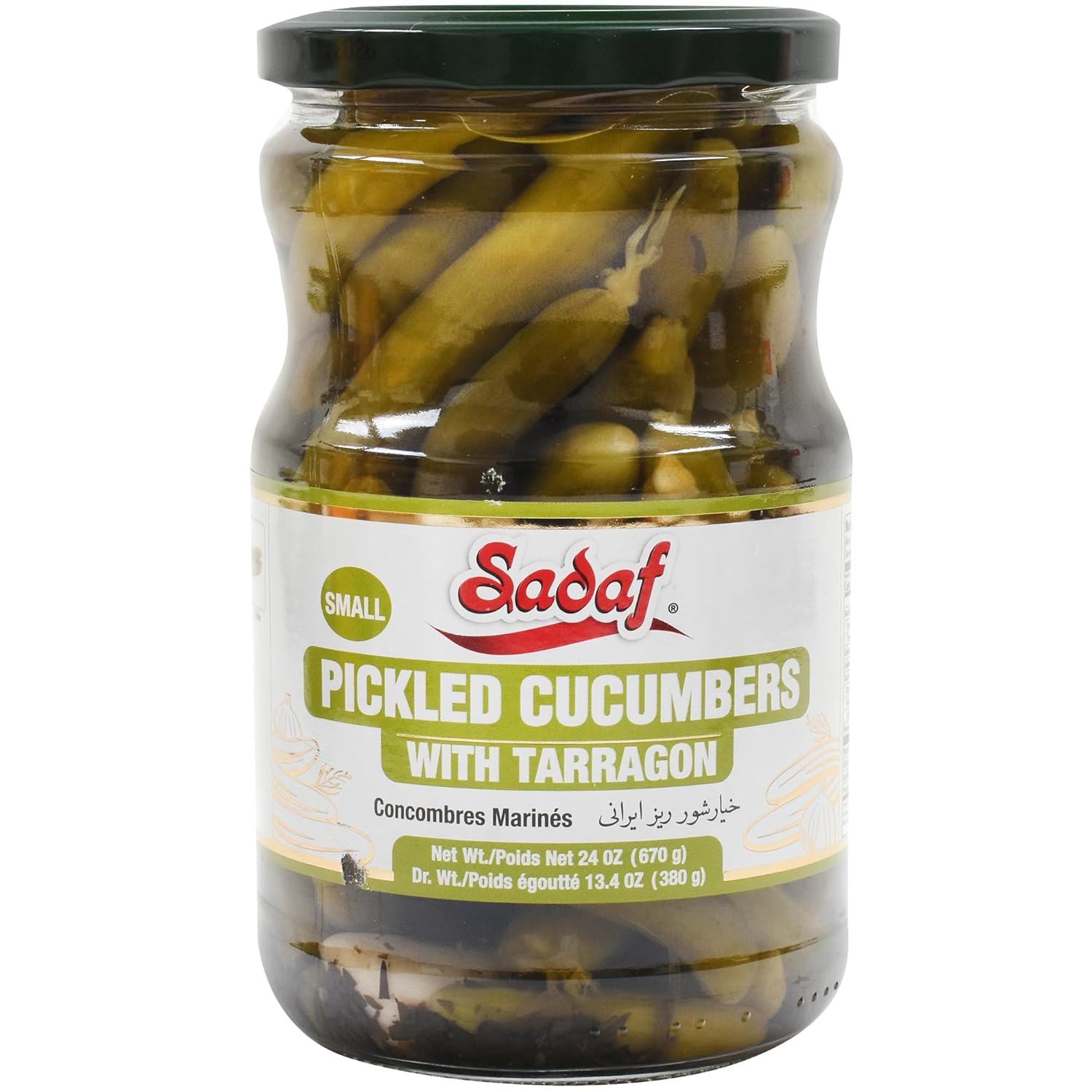 Sadaf Pickled Cucumbers with Tarragon - Pickled Cucumber for Cooking, Flavoring or Snacking - Kosher - 24 Oz Jar