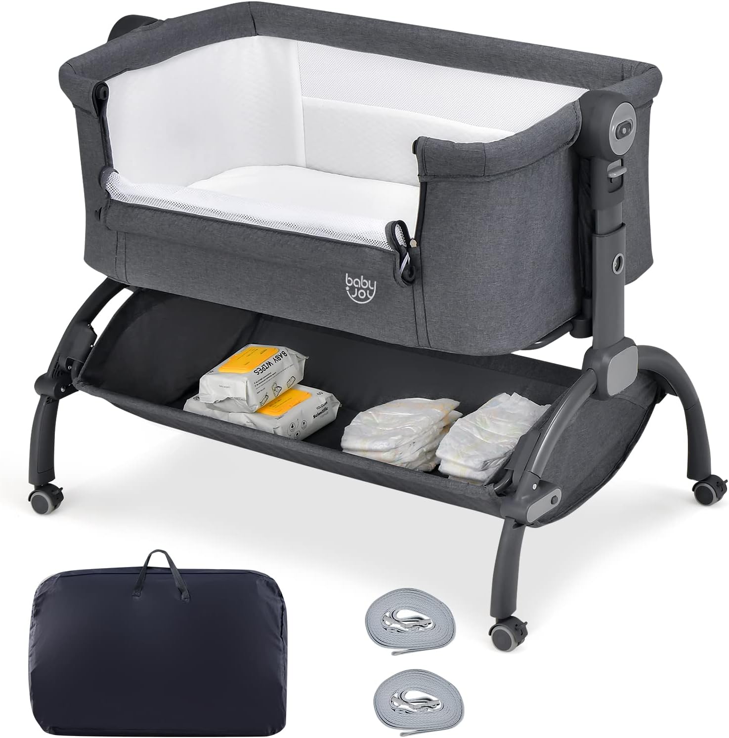 BABY JOY Baby Bassinet, 3-in-1 Rocking Bassinet w/Storage Basket, Double-Lock Design, 7 Adjustable Heights, Soft Mattress & Portable Travel Bag, Bassinet Bedside Sleeper for Newborns Infants (Gray)