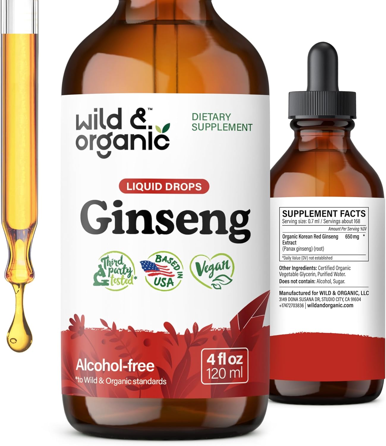 Wild & Organic Korean Panax Ginseng Extract Liquid - Red Ginseng Root Supplement for Overall Well-Being - Immune Support Drops - Vegan, Sugar & Alcohol-Free Tincture - 4 fl oz