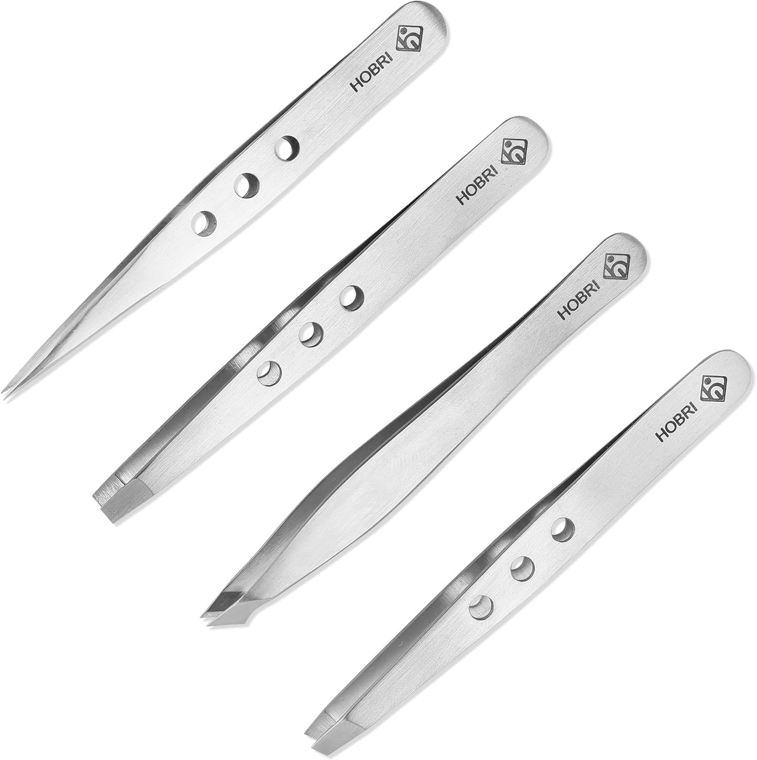 Tweezers Set, Eyebrows Kit Professional Stainless Steel Set - 4 Pieces with Leatherette Travel Case Perfect for Facial Hair, Beauty and Personal Care Tool Hobri International, silver (HTZK-001)