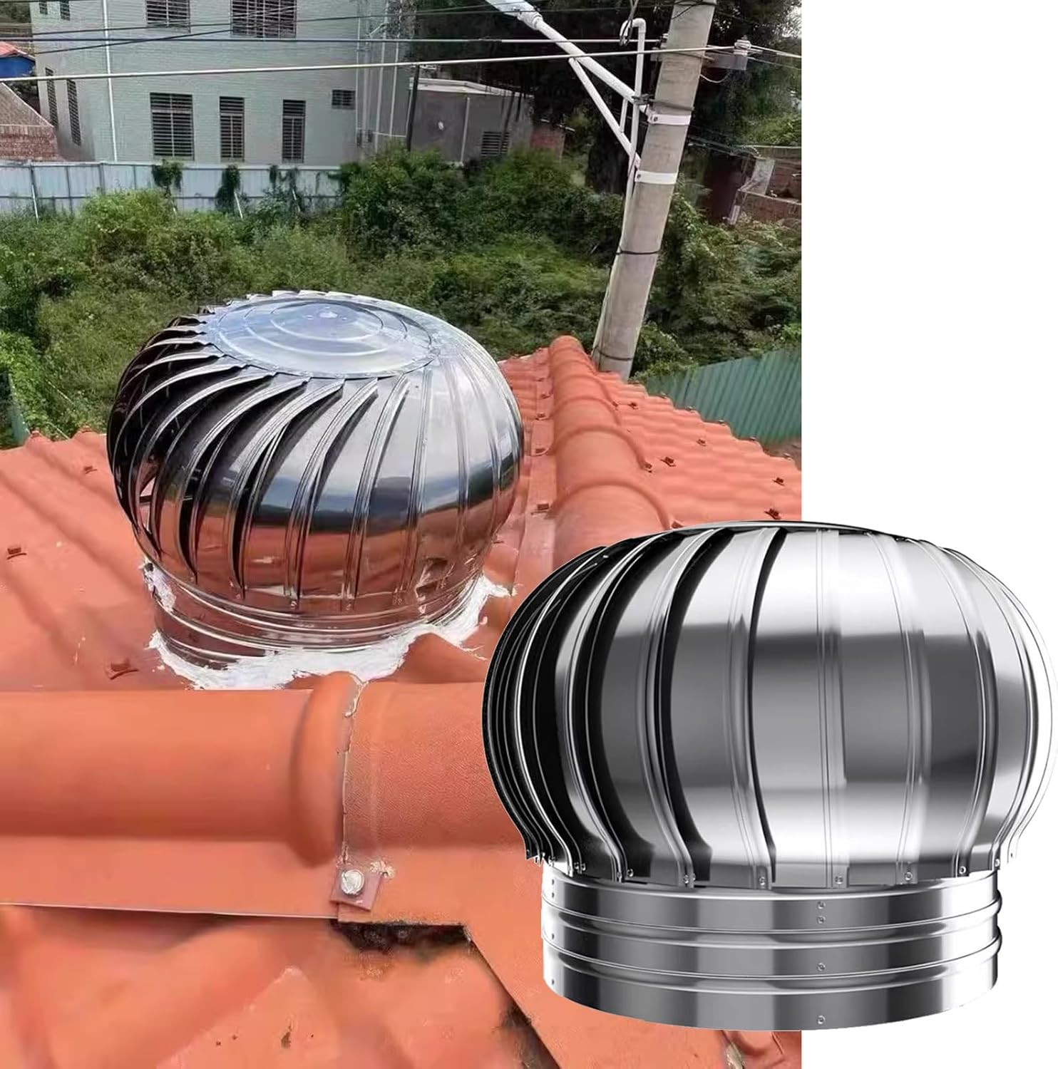 IUBGFTO 4 6 8 10 12 16 20 24 Inch Roof Mounted Attic Ventilator, 304 Stainless Steel Industrial Scientific Rotating Roofing Wind Turbine Ventilator Vents Cap,400mm/15.7 in