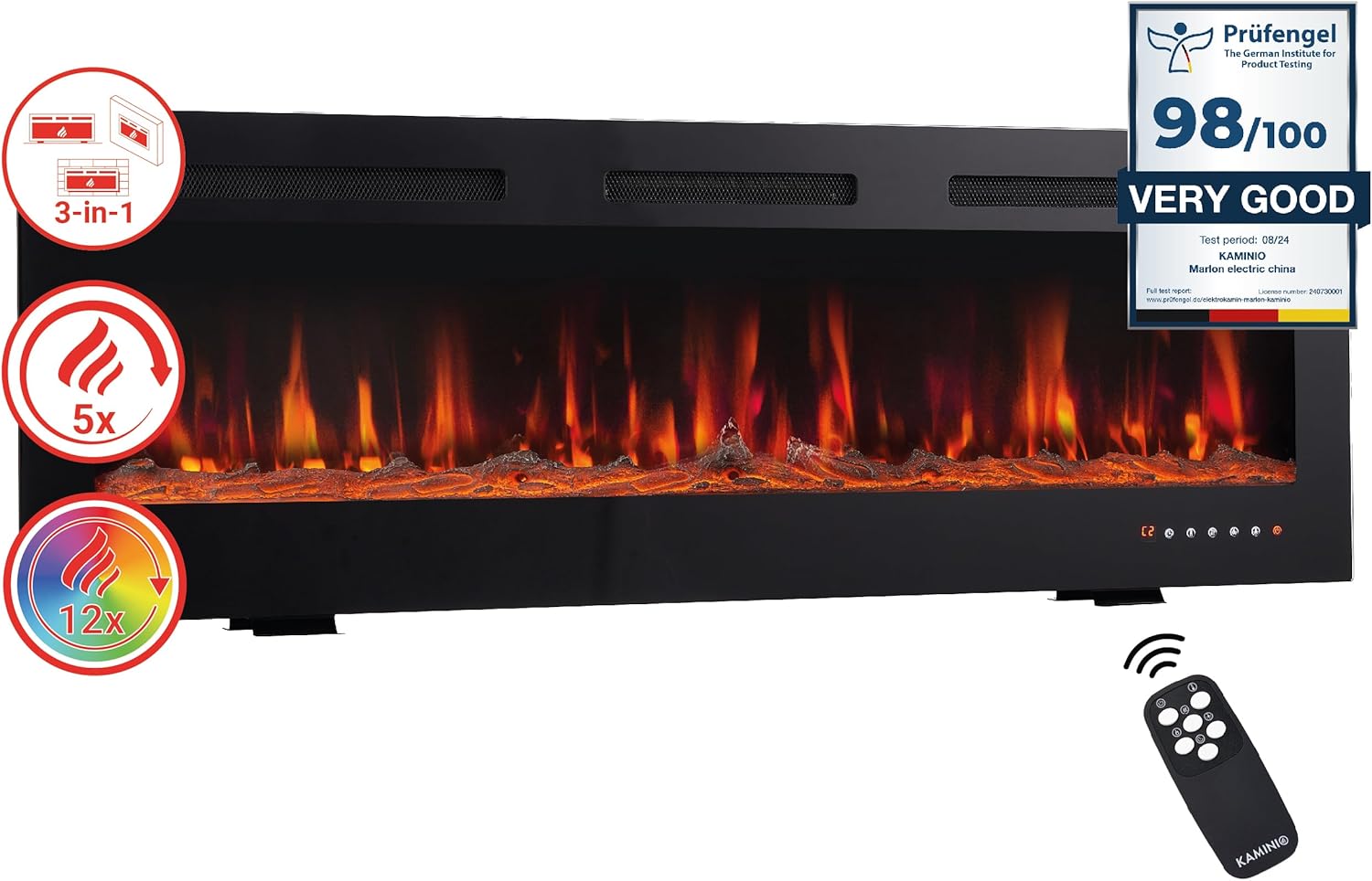 Electric Fireplace MARLON - Electric 3-in-1 Fireplace with Heater, 3D Flame Effect, 12 Flame Colors, Remote Control (36 inch)