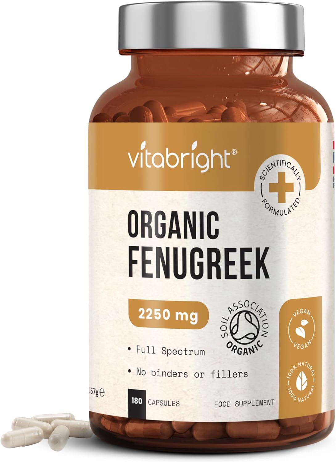 VitaBright Fenugreek Capsules 2250mg | 180 Capsules | Organic Fenugreek Seed Supplement | Convenient Daily for Women