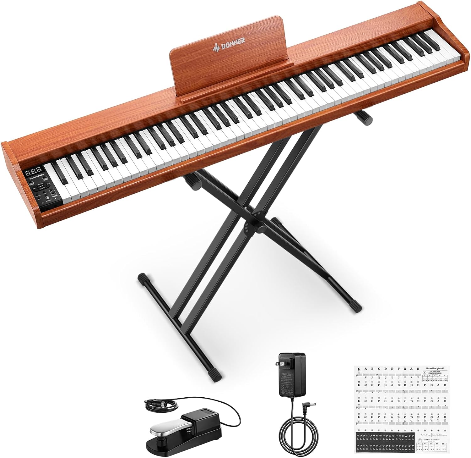 Donner DEP-1S Piano Keyboard 88 Keys, Beginner Digital Piano with 88 Key Velocity-Sensitive Keyboard, Record, Bluetooth, Chord, Bundle With Piano Stand, Piano Stickers, Sustain Pedal, Retro Wood Color