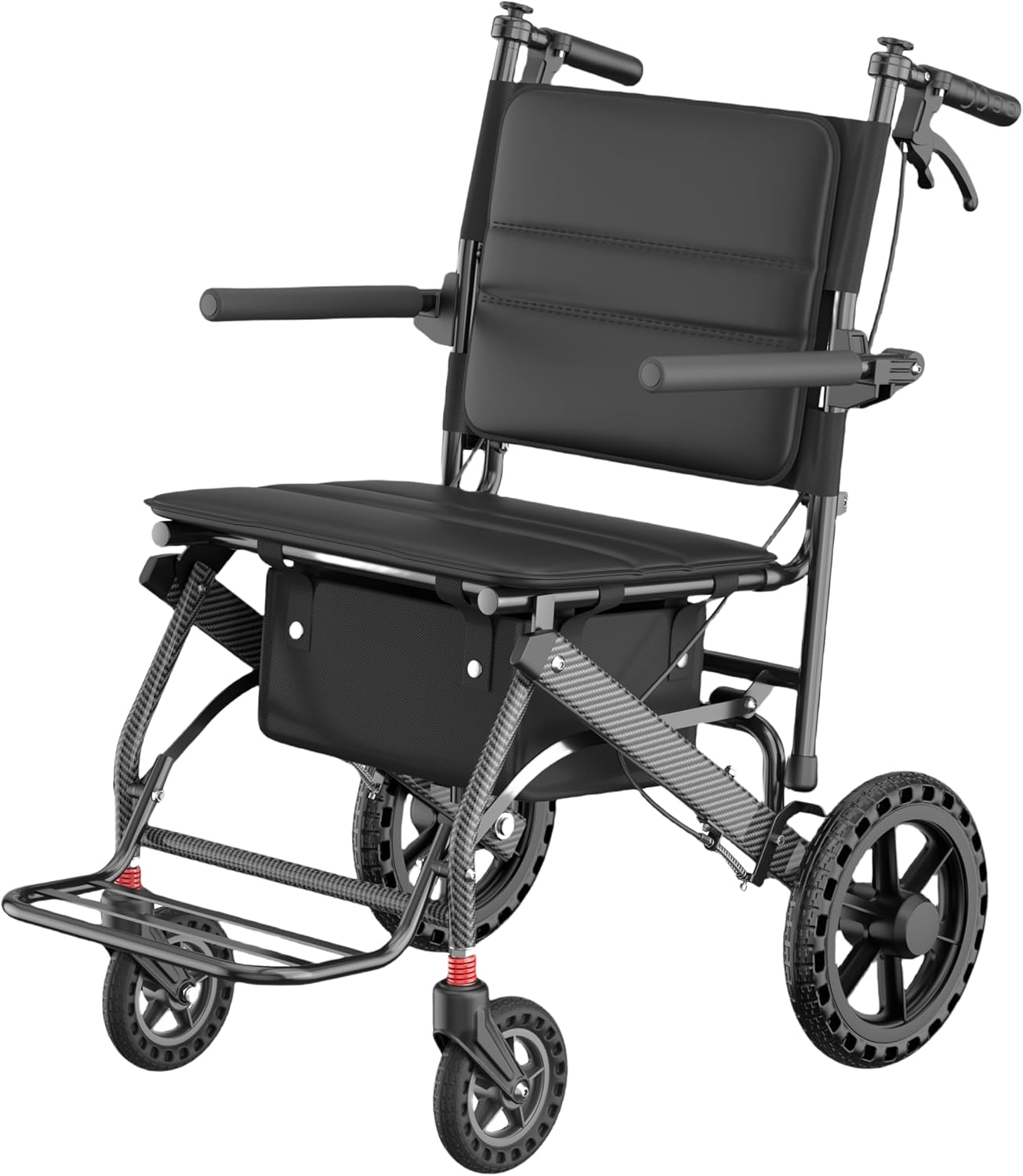 Ultra-Lightweight Transport Wheelchair for Adults & Seniors - Foldable, Portable with 12" PU Tires, Handbrake & Carrying Bag, Supports 300lbs
