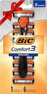 BIC Comfort 3 Refillable Three-Blade Disposable Razor for Men, Sensitive Skin Razor For a Comfortable Shave, 1 Handle and 6 Cartridges, 7 Piece Razor Set