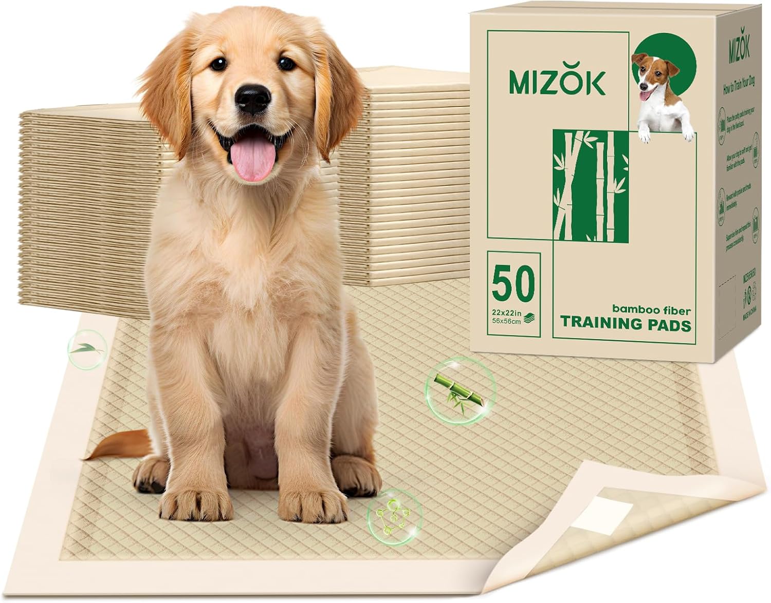 MIZOK Puppy Pads Small 22x22 Pee Pads for Dogs Bamboo Odor Eliminating & 6-Layer Absorbent Leak-Proof Dog Pee Pads Potty Training with Adhesive Tabs, Disposable (50 Counts)