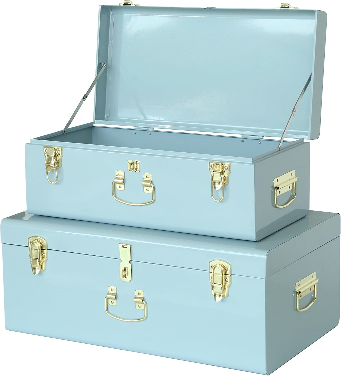 Vixdonos Metal Trunk Decorative Storage Box Set of 2 College Dorm Chest with Handle (Light Blue)