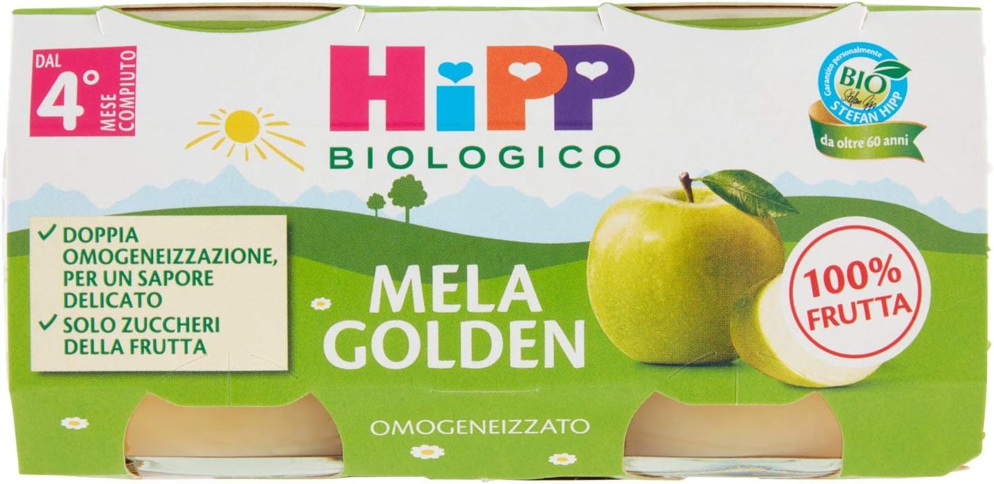 HiPP Omogeneizzato Biologico di Mela Golden dai 4+ MESI, 2 x 80g