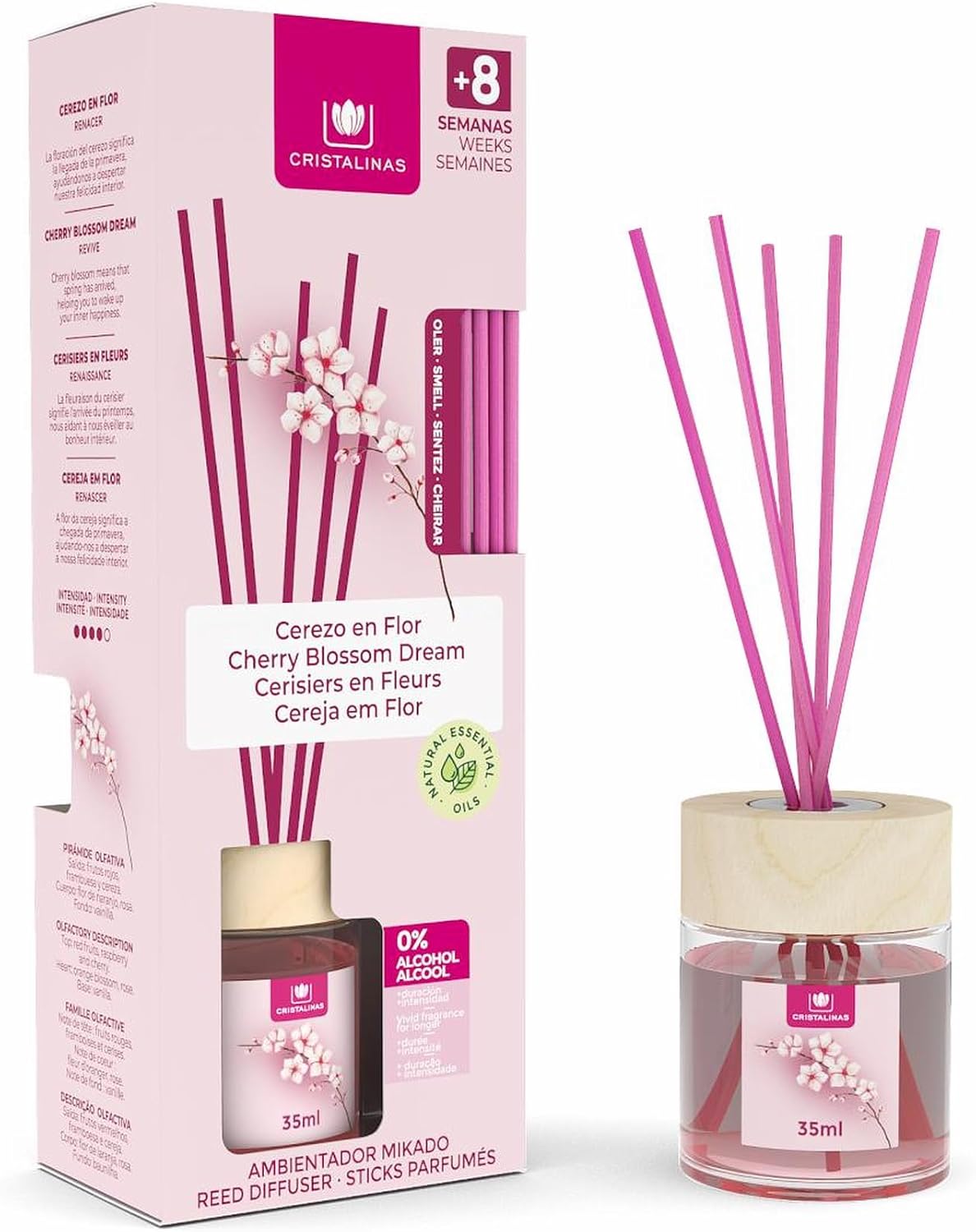 Cristalinas 35ml Cherry Blossom Air Fresheners for Home - Reed Diffusers for home - Home Fragrance Lasts upto 8 weeks - Room Diffuser Sticks with Coloured Fragrance Oil