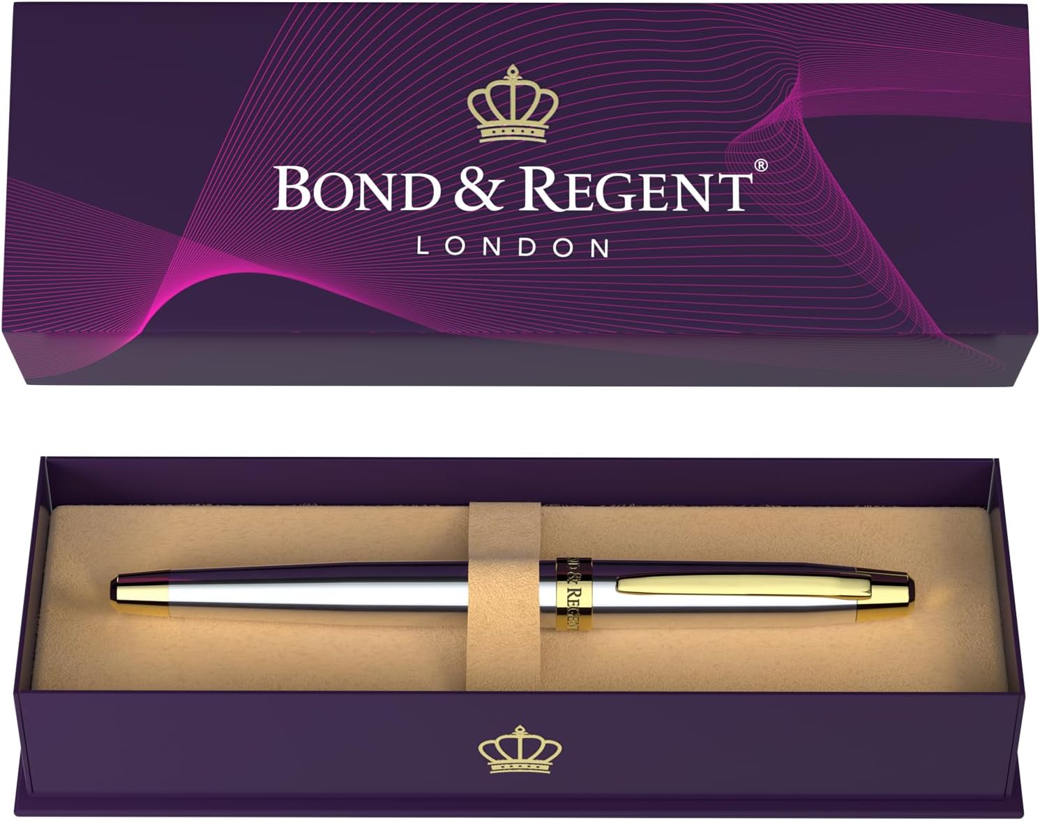 Bond & Regent Silver Chrome & 24 Karat Gold - Certified Luxury Grade Rollerball Pen | Nice Gift for Men & Women