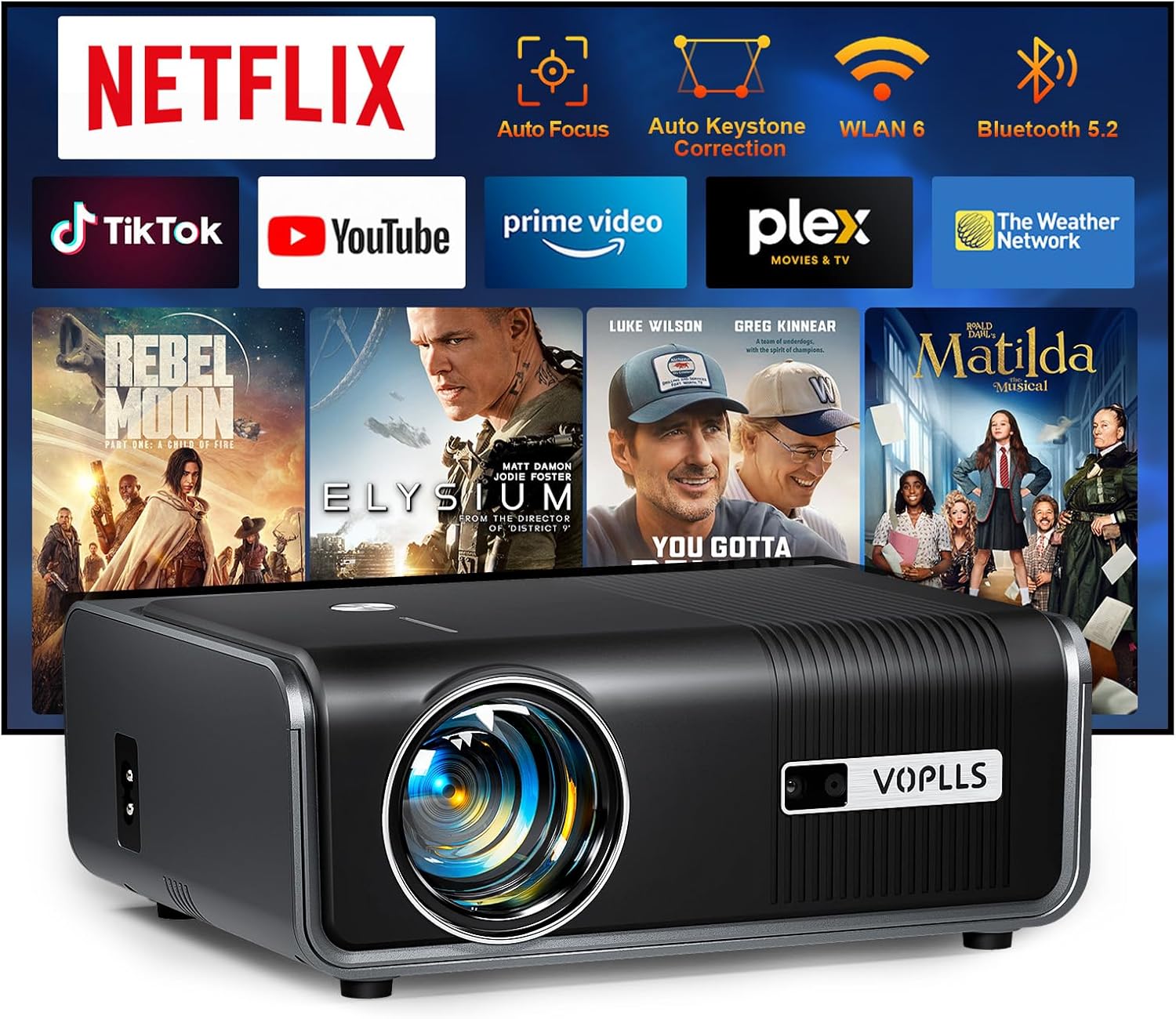 [Netflix Official & Auto Focus/Keystone] Smart Projector 4K Support, VOPLLS 25000L Native 1080P WiFi 6 Bluetooth Outdoor Projector, 50% Zoom Home Theater Movie Projectors for Bedroom/iOS/Android/PPT