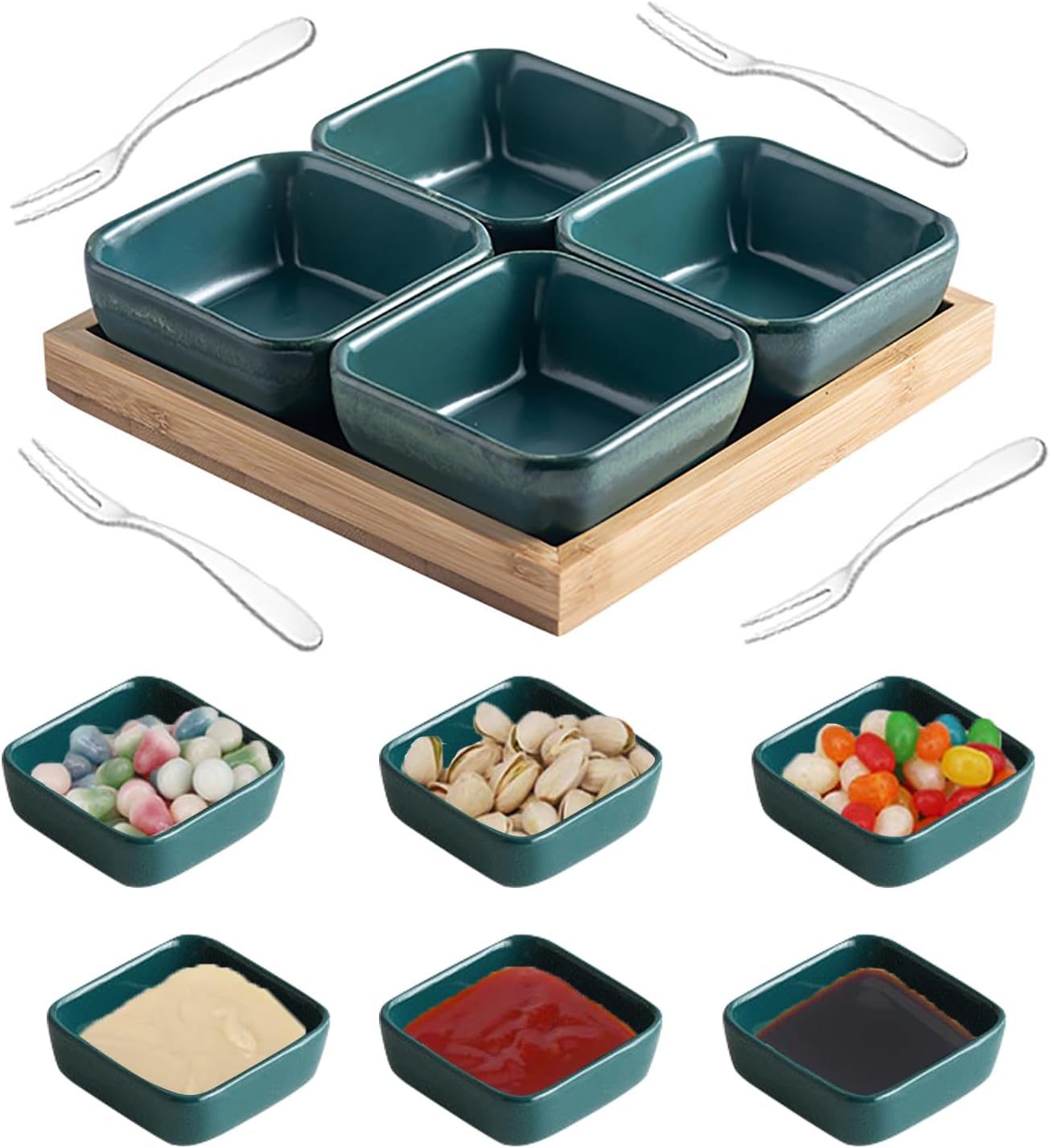 Ceramic Dipping Bowls Set of 4 with Wooden Serving Tray Sets Seasoning Dish, Sushi Dipping Dish, Snack Dish for Appetizers, Desserts, Ice Cream, Perfect for Dinner, Afternoon Tea, Baking, Grilling