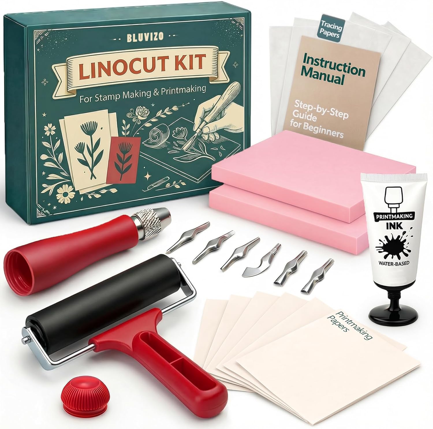 Linocut Kit for Printmaking & Stamp Making: Linocut Tools Block Printing Kit Supplies with Linoleum Blocks, Ink, Brayer, Guide for Beginners - DIY Hobby & Christmas Birthday Gift for Adults & Kids