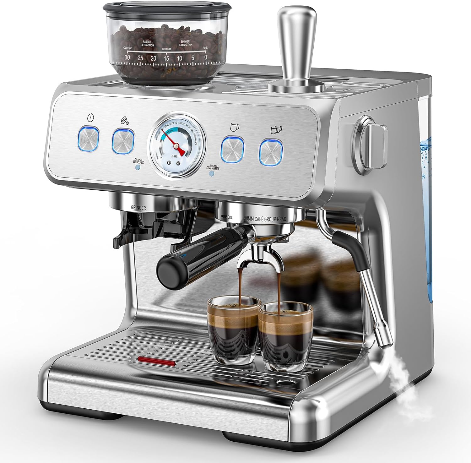 COWSAR Commercial Espresso Machine 15 Bar, Semi-Automatic Espresso Maker with Bean Grinder & Milk Frother Steam Wand, Removable Water Reservoir, Self-Cleaning, Ideal for Cappuccino, Stainless Steel